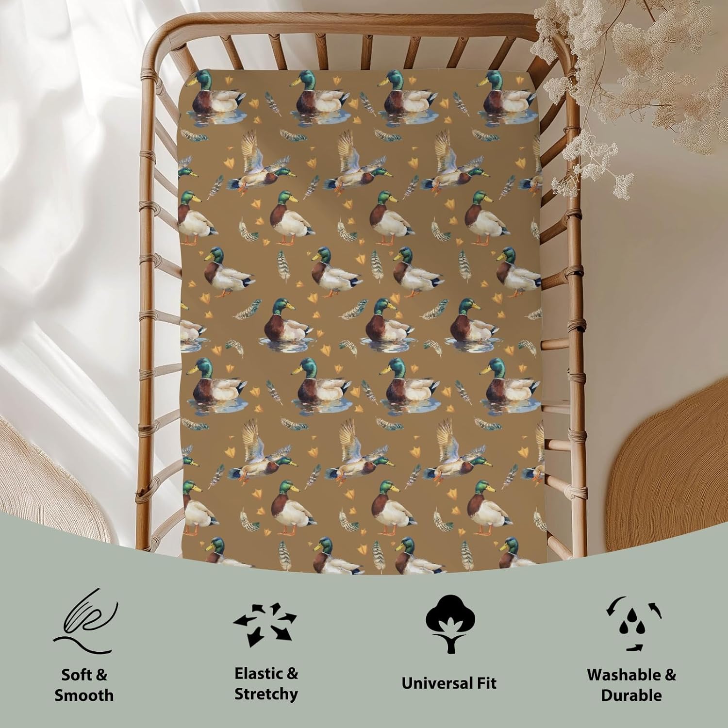 Vintage Mallard Ducks Baby Crib Sheets for Boy Girl 52"x28" Retro Duck Hunting Soft Snug Fitted Crib Mattress Cover Wild Birds Feathers Nursery Baby Sheet for Standard Crib & Toddler Bed Mattress