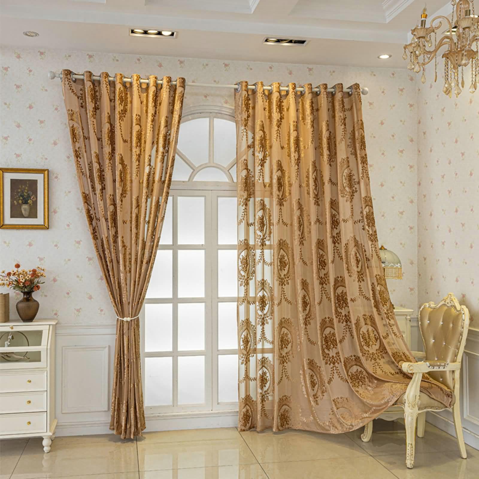 Vorhänge 2er Set, Vorhänge Lichtdurchlässig mit Floral Blattranken Muster Schlafzimmer Vorhänge H 274 x B 132 cm, Kaffee