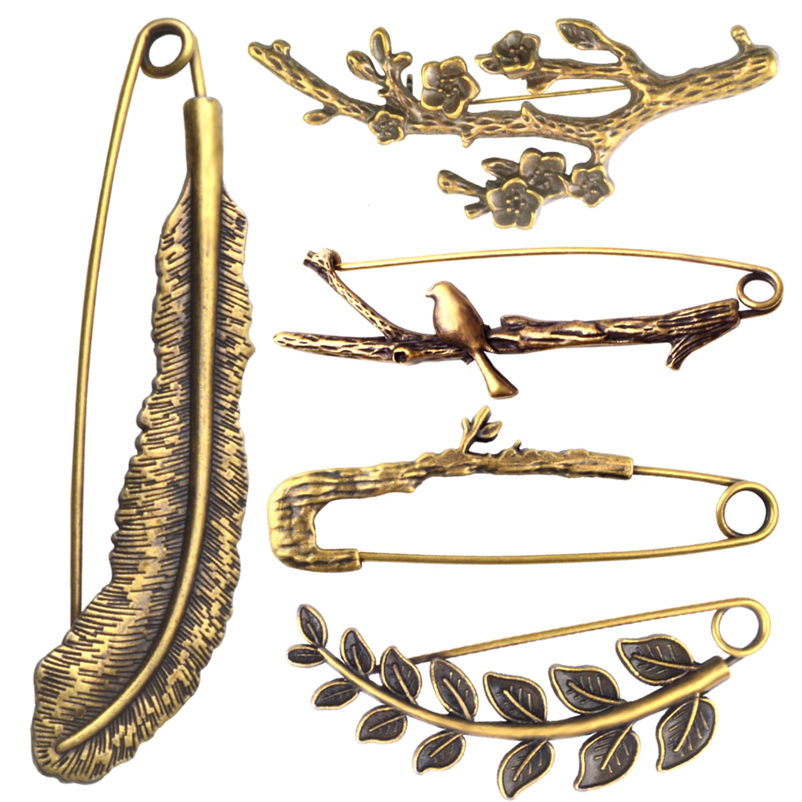 5 broches de seguridad vintage extragrandes, aleación de bronce antiguo, rama de árbol, plumas, broches grandes para ropa, sombrero, bufanda, cuello, suéter, chal, manualidades, 5 estilos