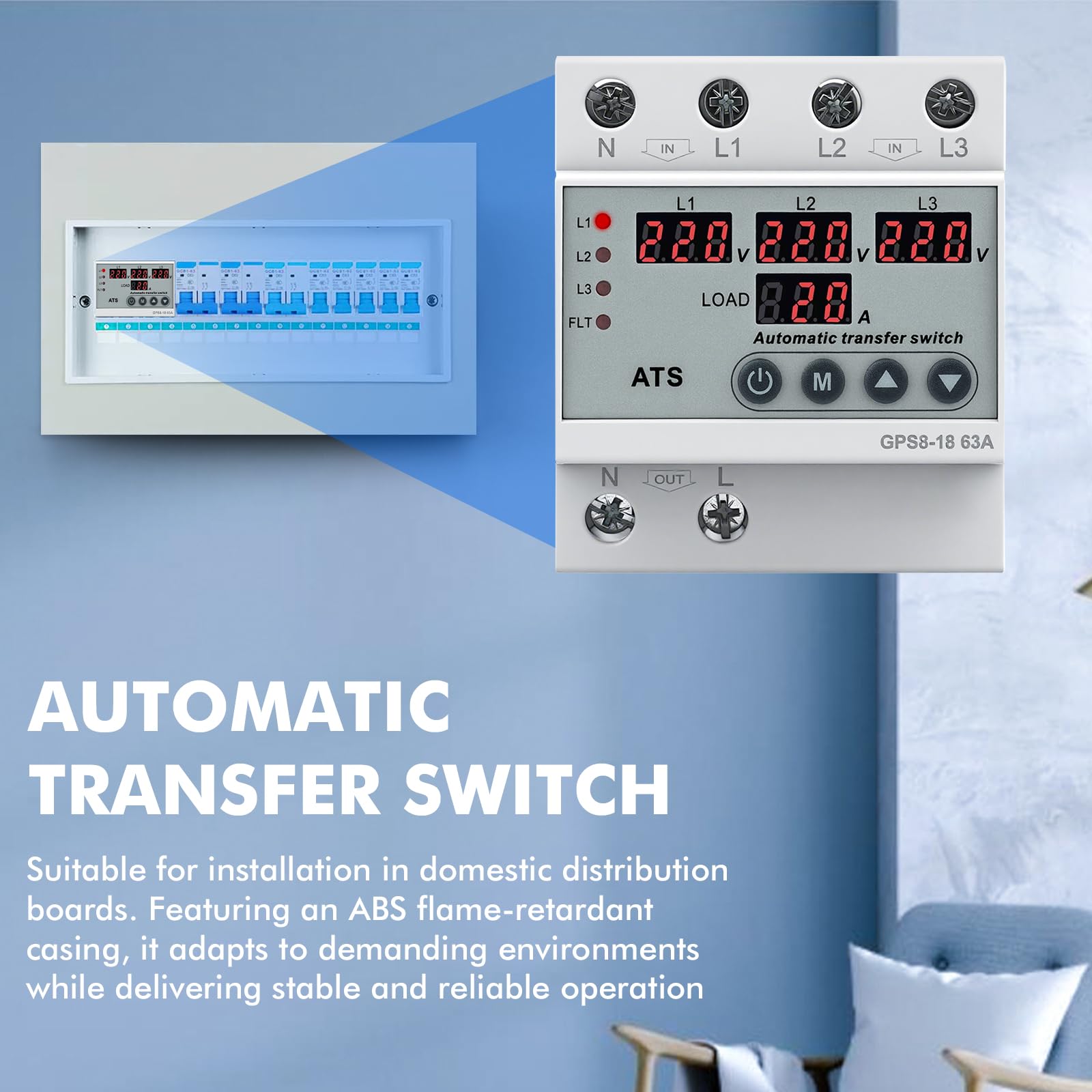Interruttore di Trasferimento Automatico Trifase AC220V Commutatore 3 Posizioni Display Digitale LED Protezione da Sovratensione Sottotensione Sovracorrente per generatori fotovoltaici di rete GPS8-18