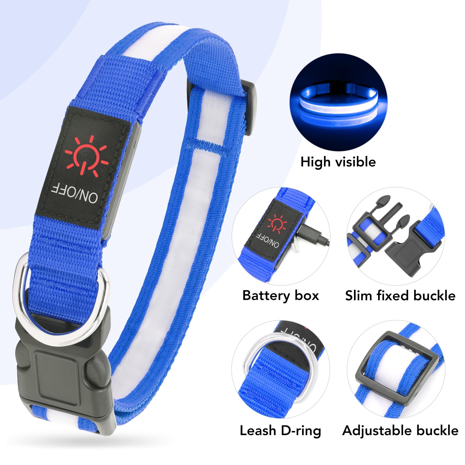 VIZPET Collare per cani a LED ricaricabile tramite USB, 100% impermeabile, regolabile, con luce di sicurezza super luminosa, collari luminosi per cani (blu, medio