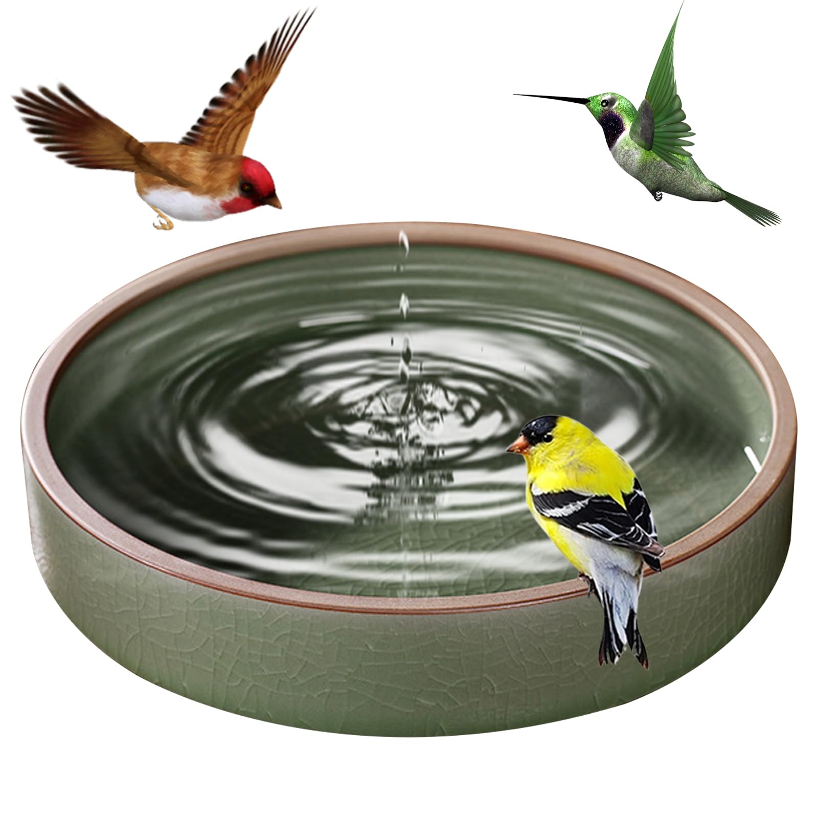 Baño para pájaros para jardín, Cuenco Redondo de cerámica para baño de pájaros de 8, 3 Pulgadas, alimentador de Agua Exterior Verde de 1300ml con Base Antideslizante Estable para jardín
