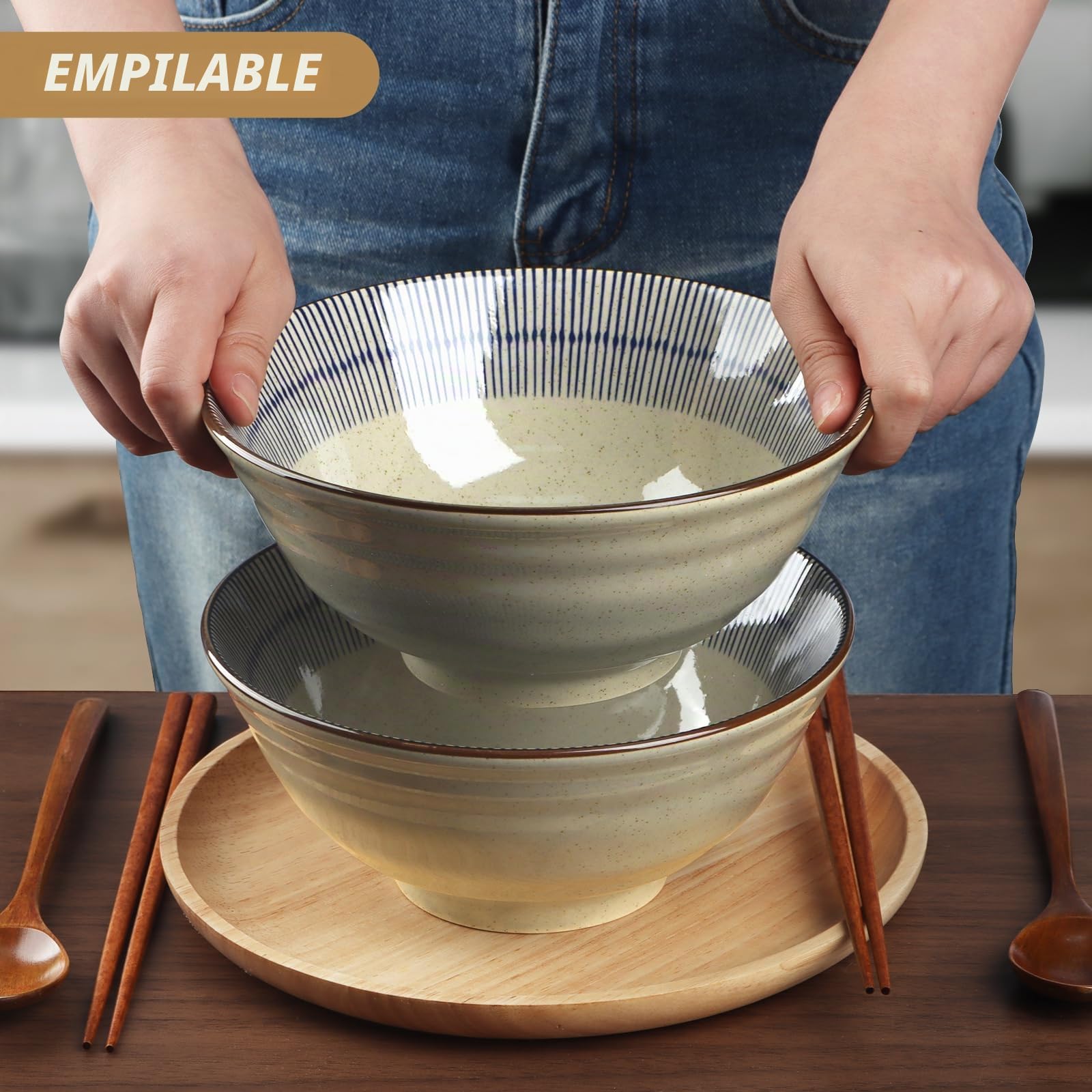Lot de 2 bols à ramen en céramique - Bols japonais pour nouilles avec baguettes et cuillère pour soupe ramen, pâtes, salade de fruits, riz - 1100 ml, 20 cm de grand - Cadeaux d’inauguration pour la