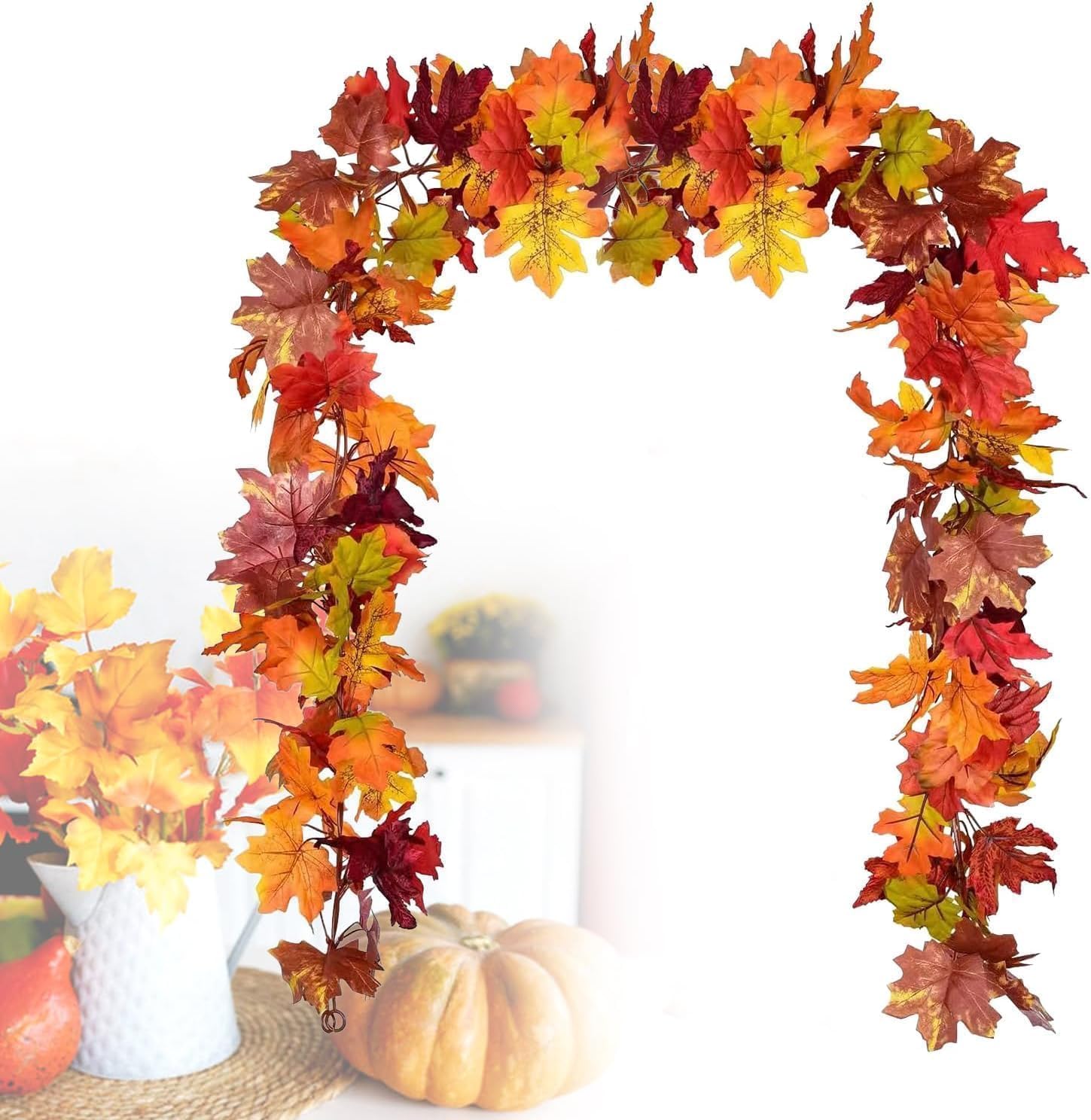 Fall Leaf Garland, Autumn Foliage Mantel & Table - Autumn Thanksgiving Fall Decor 1.8m/Piece Easy Hanging Artificial Maple Leaf Garland-2pack