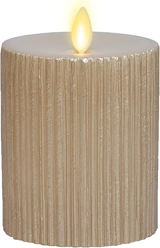 Luminara Vela LED sin llama (3.25 x 4.5) con surco metálico en relieve, pilar LED de llama móvil, cera real con borde empotrado, funciona con pilas,