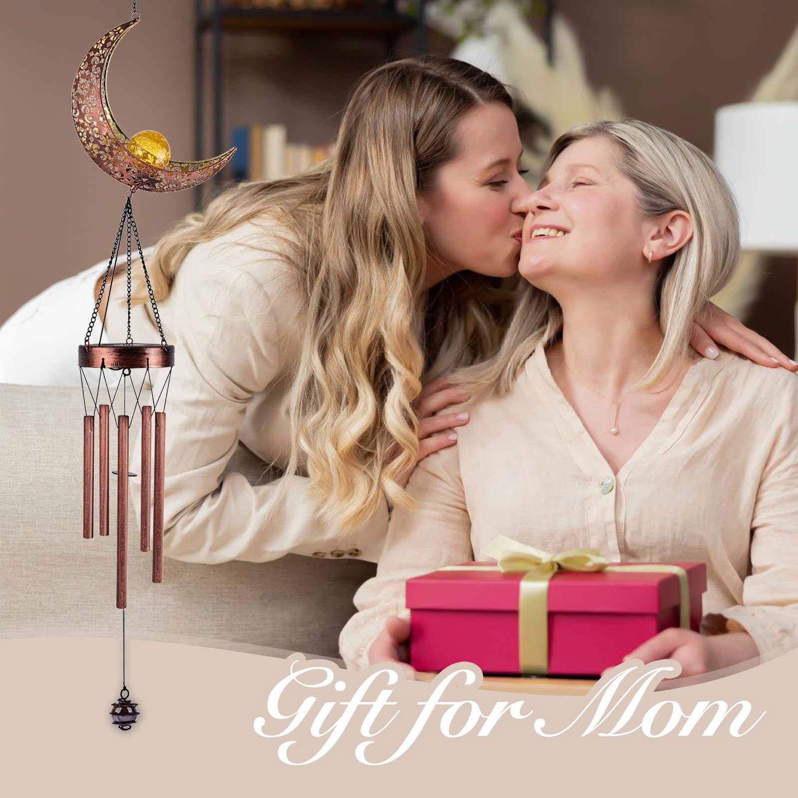 Solar Moon Wind Chimes Outdoor, Waterproof Moon Wind Bells Light Clearance for Outside, Unique Gifts for Mother's Day, Birthday, Mom, Women, Decor for Garden, Yard, Party