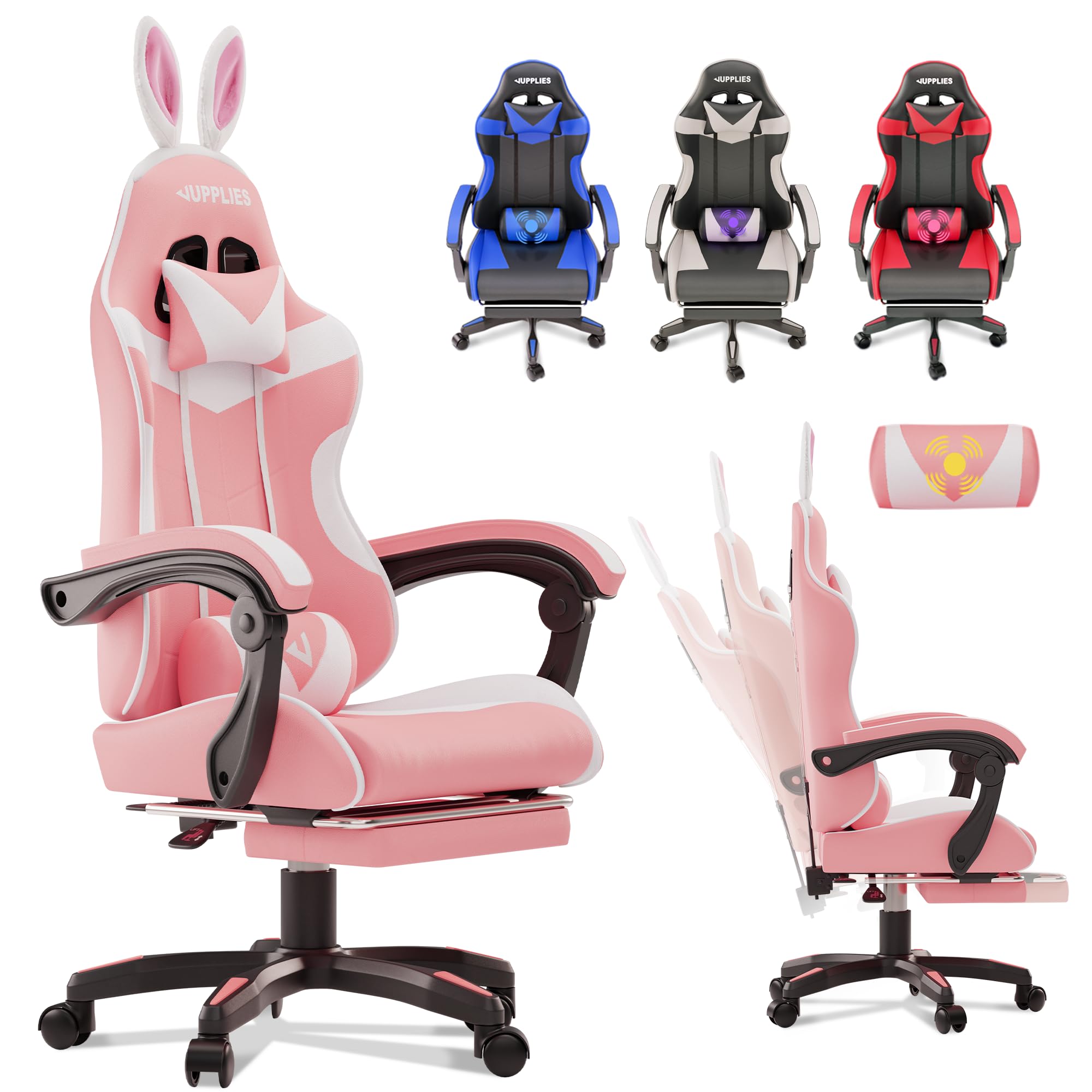 JUPPLIES Silla Gaming Profesional con Masajeador - Silla de Oficina Ergonómica con Reposapiés, Altura Regulable y Respaldo Abatible - Silla Gamer para Juegos
