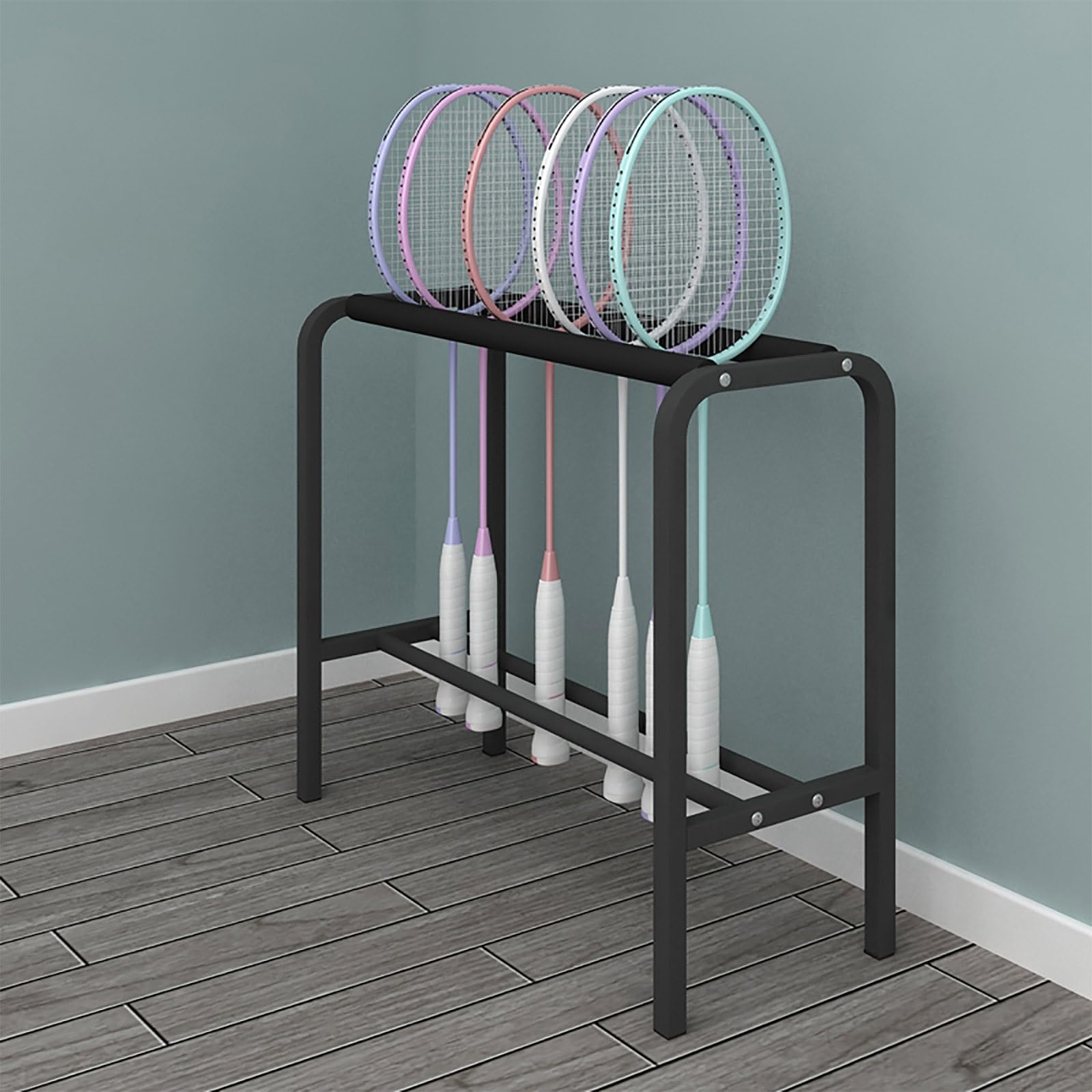 Tennis Racket Storage Rack Large Capacity Floor Standing Badminton Racket Holder With Foam Arms Tennis Racket Holder Durable And Storable For Garages Tennis Courts Gymnasiums Clubs Schools(Black)