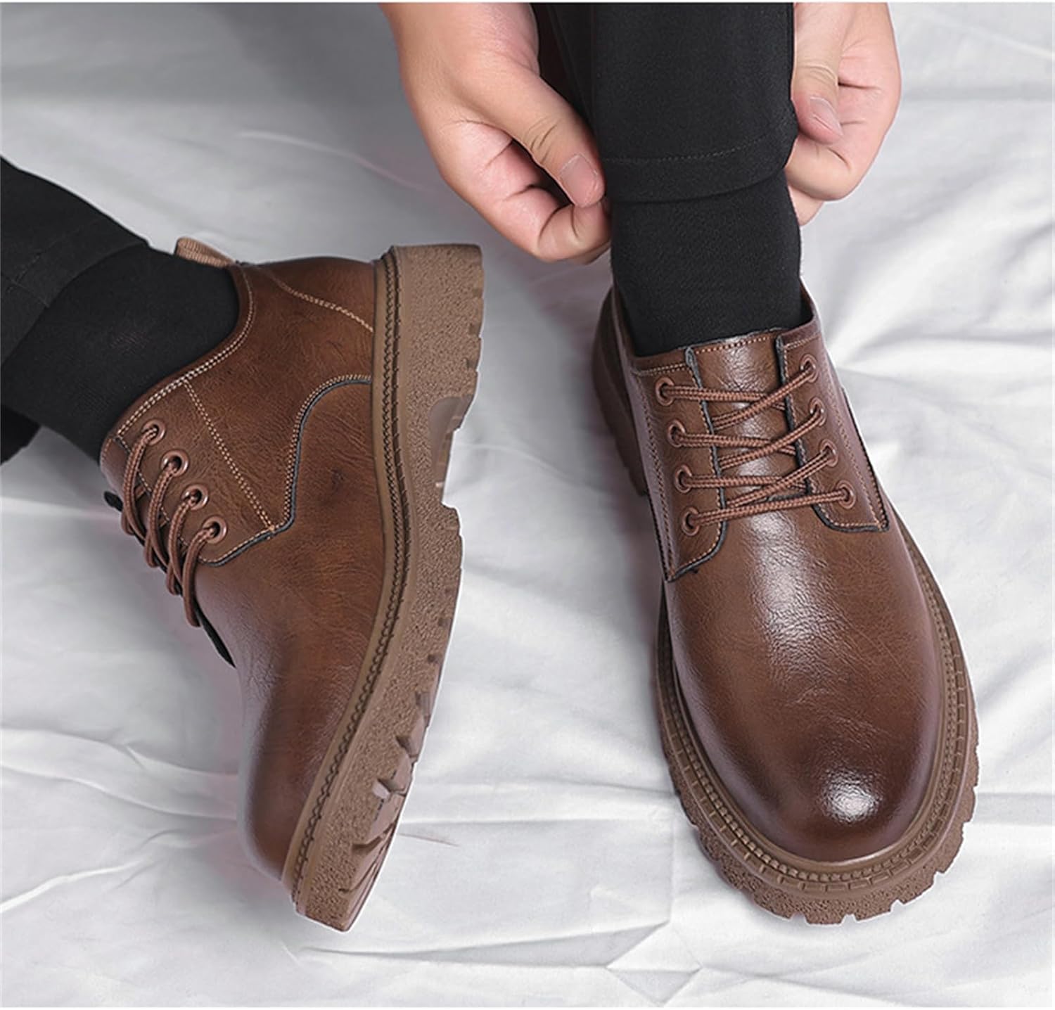 Men's Vintage Leather Lace Up Platform Oxfords Shoes Round Toe Low-Top Non-Slip Soft Business Formal Dress Shoes - Image 2