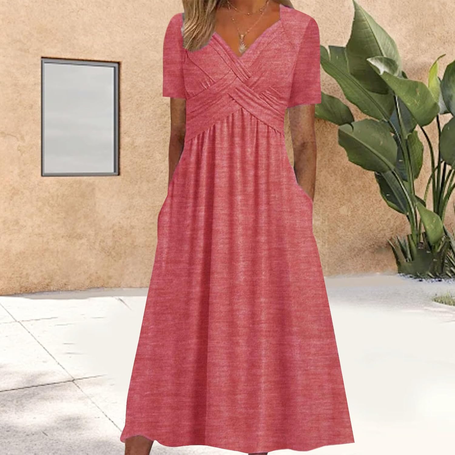 Zaswen V Neck Wedding Guest Dresses for Women Solid Color Summer Beach Vacation Dress Short Sleeve Pleated Dress with Pockets