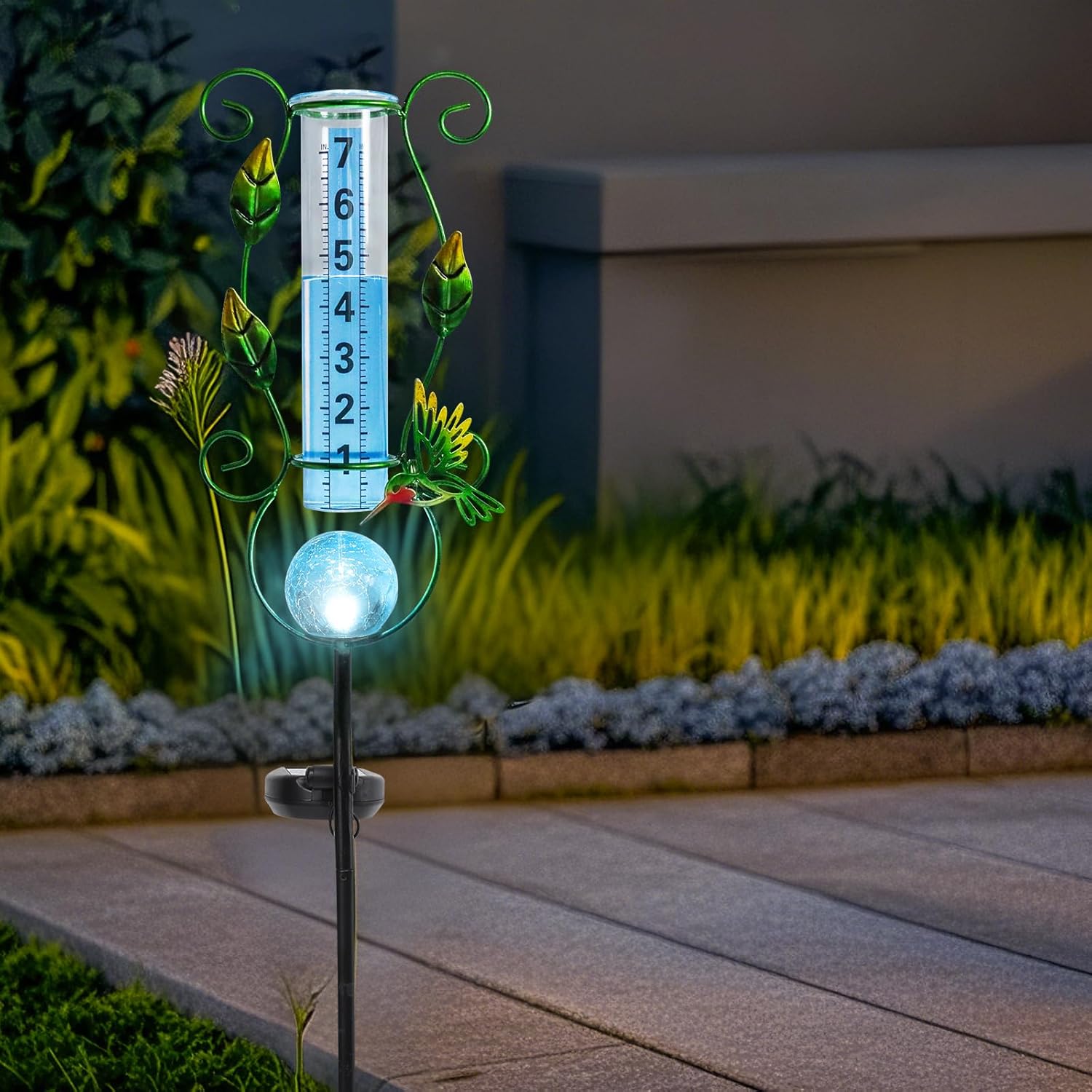 MUMTOP Rain Gauge Outdoor, 36 Inch Large Number Solar Lights Hummingbird Water Gauge for Lawn, Yard and Garden