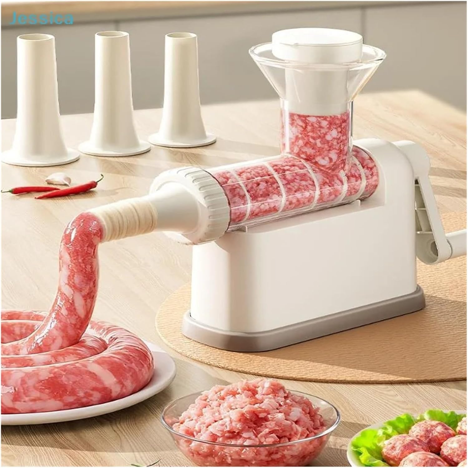 Manual Meat Grinder & Sausage Stuffer - 2-in-1 Hand Crank Mincer For Homemade Sausages(White)