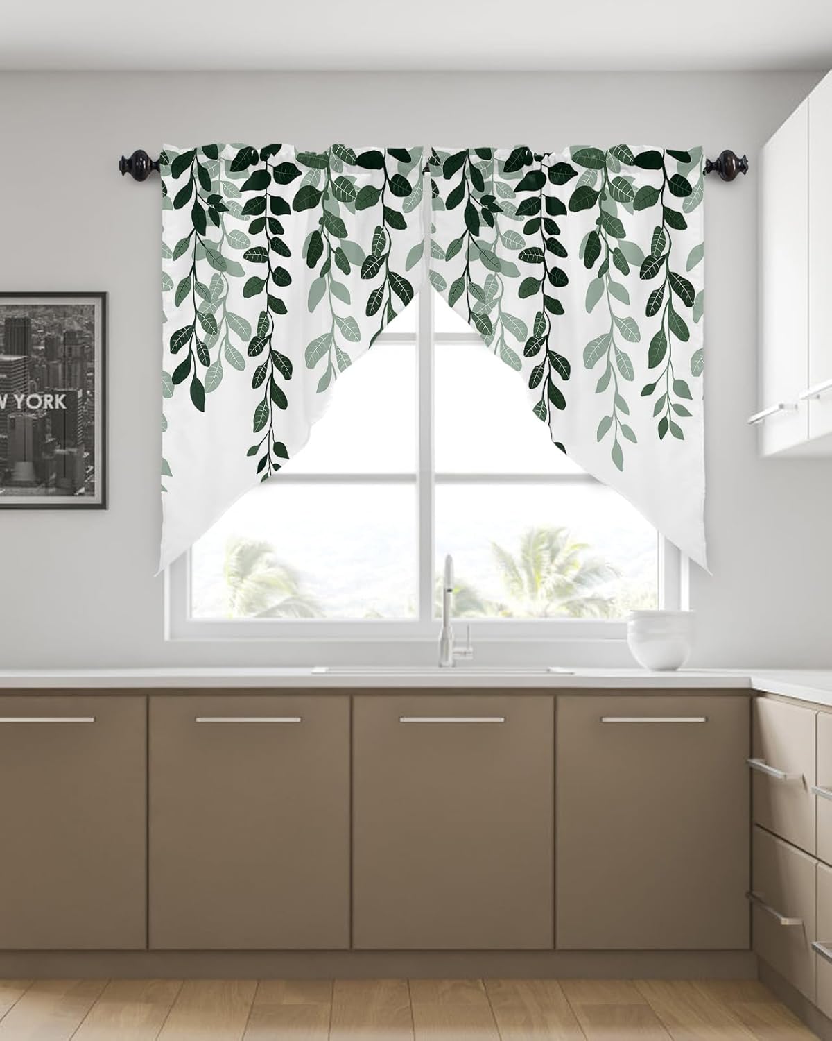 Emerald Green Swag Curtains 45 Inches Long for Living Room, Bathroom, Kitchen, Bedroom Windows Drape Curtains Rod Pocket Cafe Drapery Panels, Botanical Eucalyptus Leaves Plant 36''x45'' *2