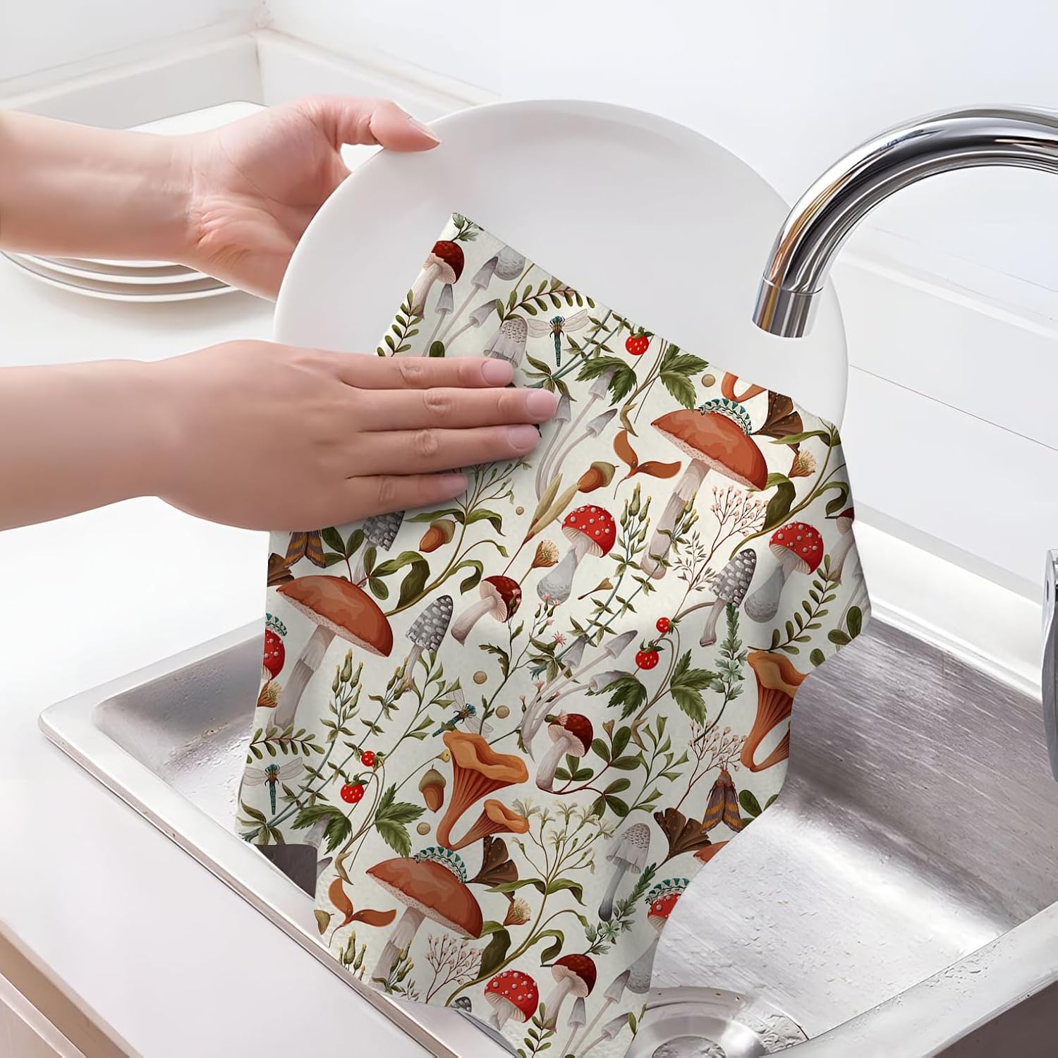 Boho Mushroom Decor Kitchen Dish Towel Decorative Set of 2 Soft Absorbent Cute Botanic Plant Beige Tea Hand Towels for Kitchen Drying Farmhouse Bathroom Home Decorations Mushroom Gifts 16x24 Inch - Image 3