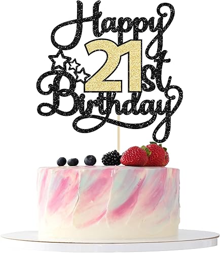 1 decoración para pastel de cumpleaños número 21, color negro y dorado con purpurina para dulces de cumpleaños de 21 años, decoración de pastel de