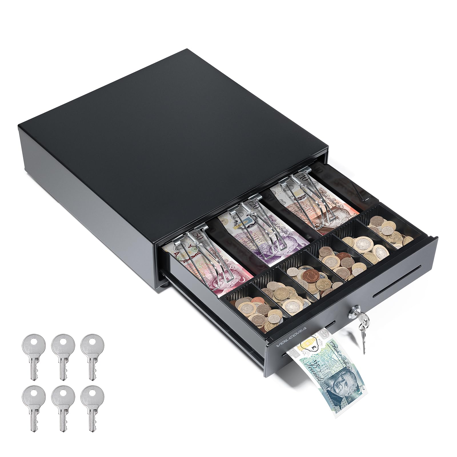 Volcora Cassetto registratore di cassa da 33 cm, 33 x 33,5 x 10 cm, apertura automatica, con vassoio per 3 banconote e 6 monete, scomparto portamonete rimovibile, 12-24 V, serratura a chiave RJ11/RJ12