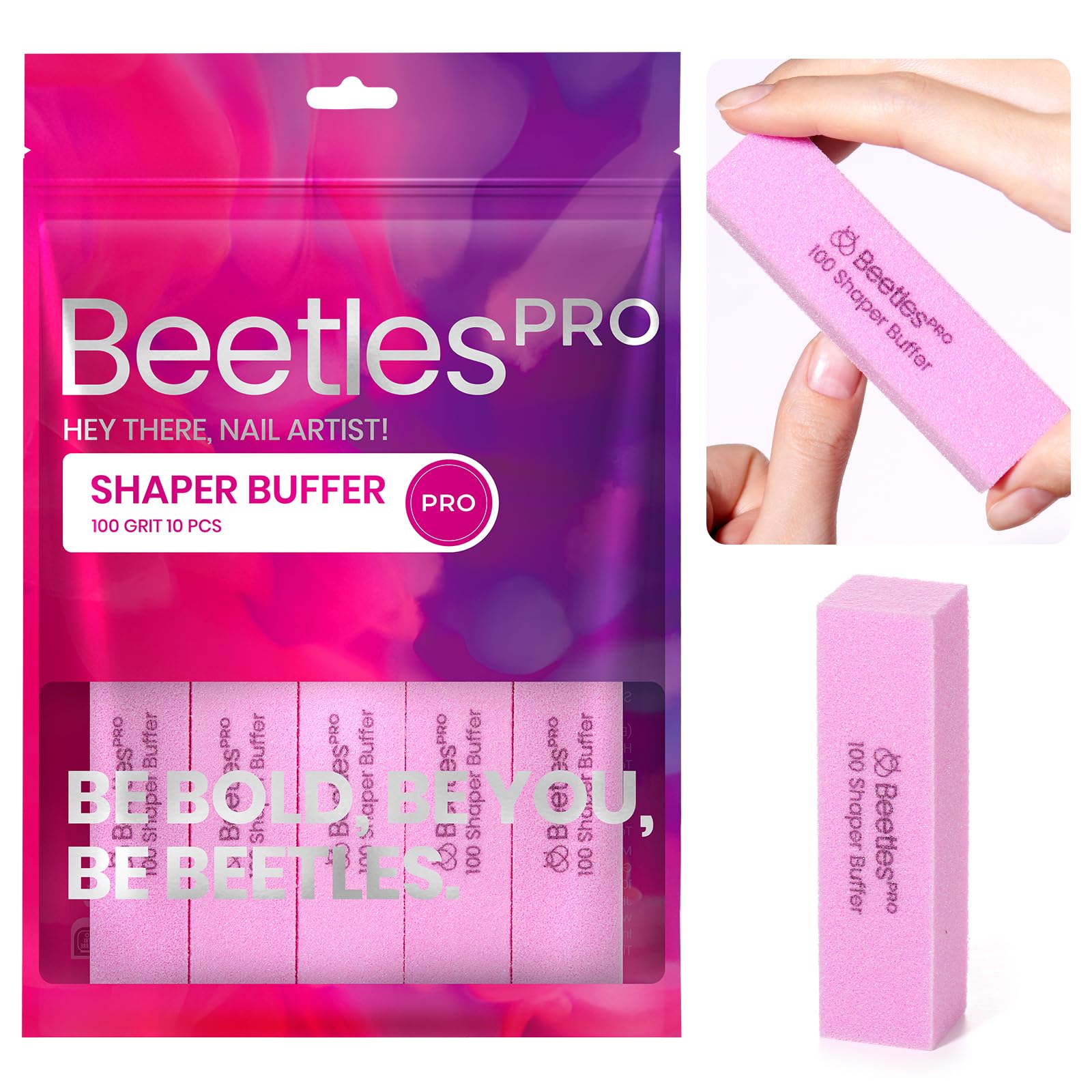 Beetles Pro 10-Pcs Nail Buffer – Professional 100 Grit Sanding Blocks Nail Files and Buffers 4-Sided Pink Nails Files for Acrylic, Gel & Natural Nails