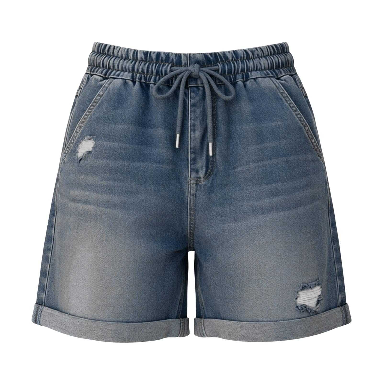 Shorts Vaqueros para Mujer, Cintura Elástica con Cordón, Estilo Casual, Dobladillo Enrollado, Pantalones Cortos Vaqueros Rotos Anchos con Cintura Alta Verano Casual Bermudas Shorts Jeans