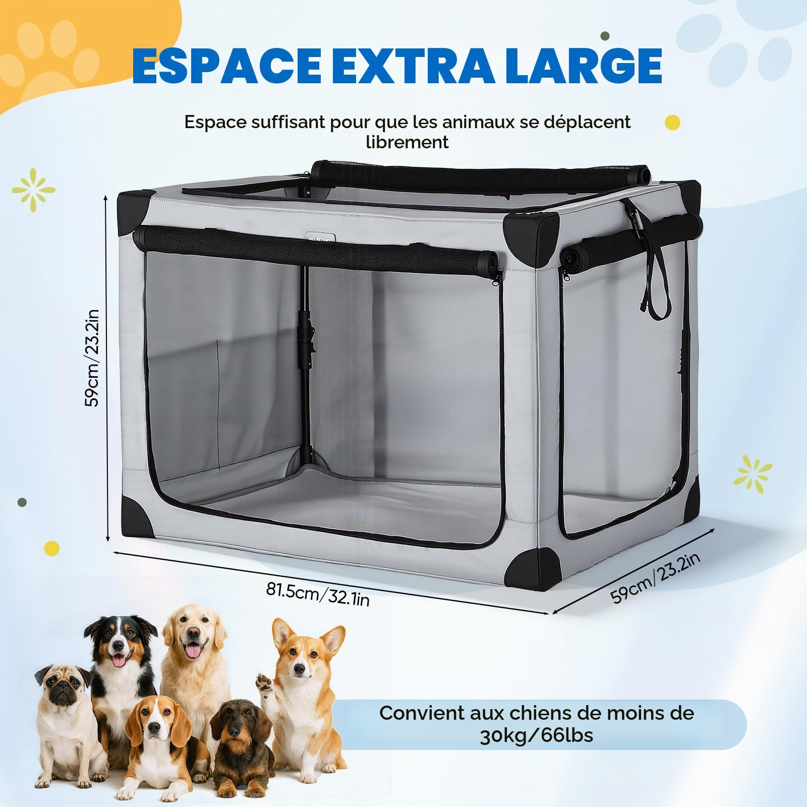 Caisse de Transport pour Chien Pliable 81,5 x 59 x 59 cm, Filets Aérés | Sac de transport pour chien en tissu Oxford 600D déperlant, idéal pour voiture, maison, voyage et camping