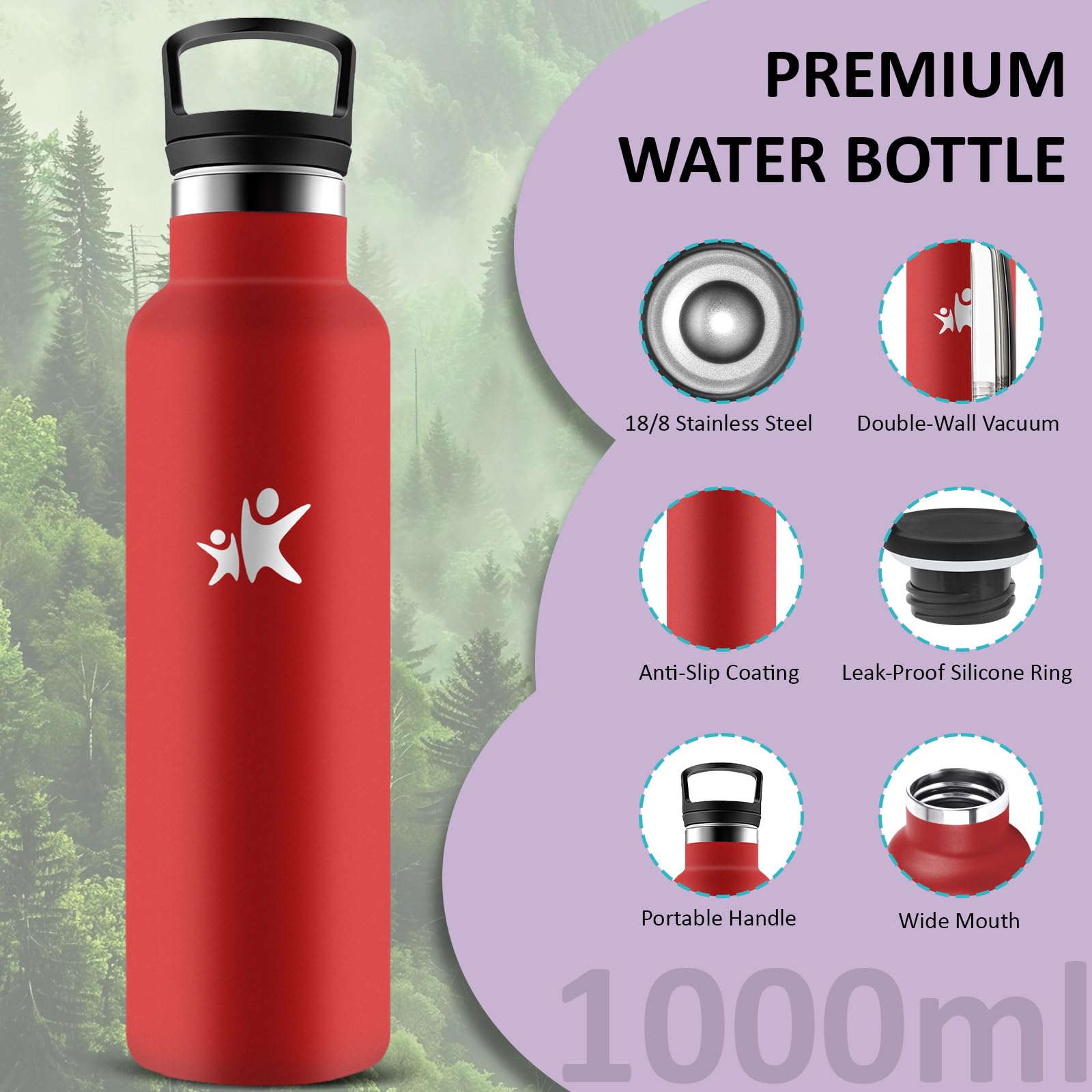 Grsta Borraccia Termica, Borraccia 1 litro, Senza BPA, Bottiglia Termica, Senza Perdite, Borracce Termiche, Mantiene Caldo per 12 Ore/Freddo 24 Ore, Borracce Termiche per Fitness, Trekking, Campeggio