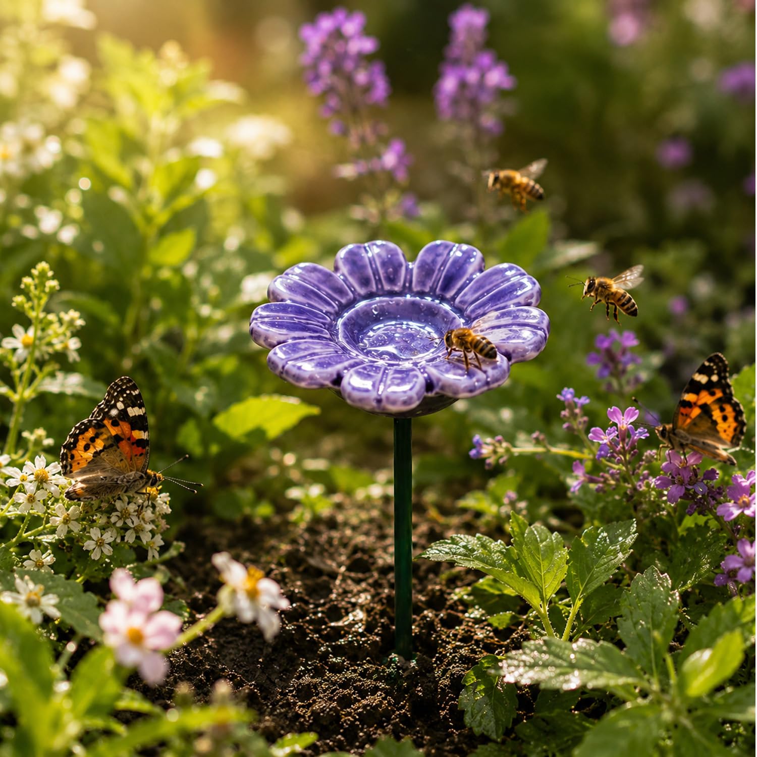 Vasca per Uccelli, Stazione di irrigazione for api in Ceramica for Giardino, mangiatoia for Fiori Fatta a Mano for, Farfalle e Colibrì(FSunPurple)