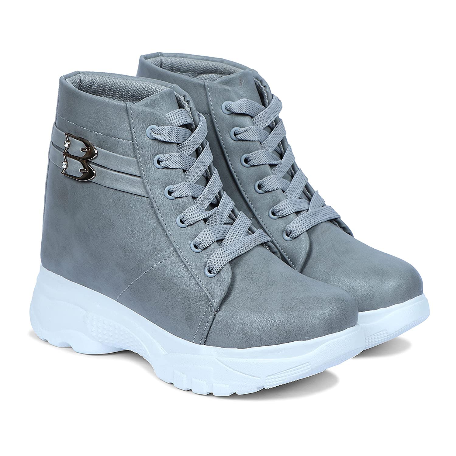 EVOLTAR Synthetic leather buckle ornamented flatform high top ankle boots for women. Grey size- 39 (B0BYXT5PYG) Amazon Price History, Amazon Price Tracker