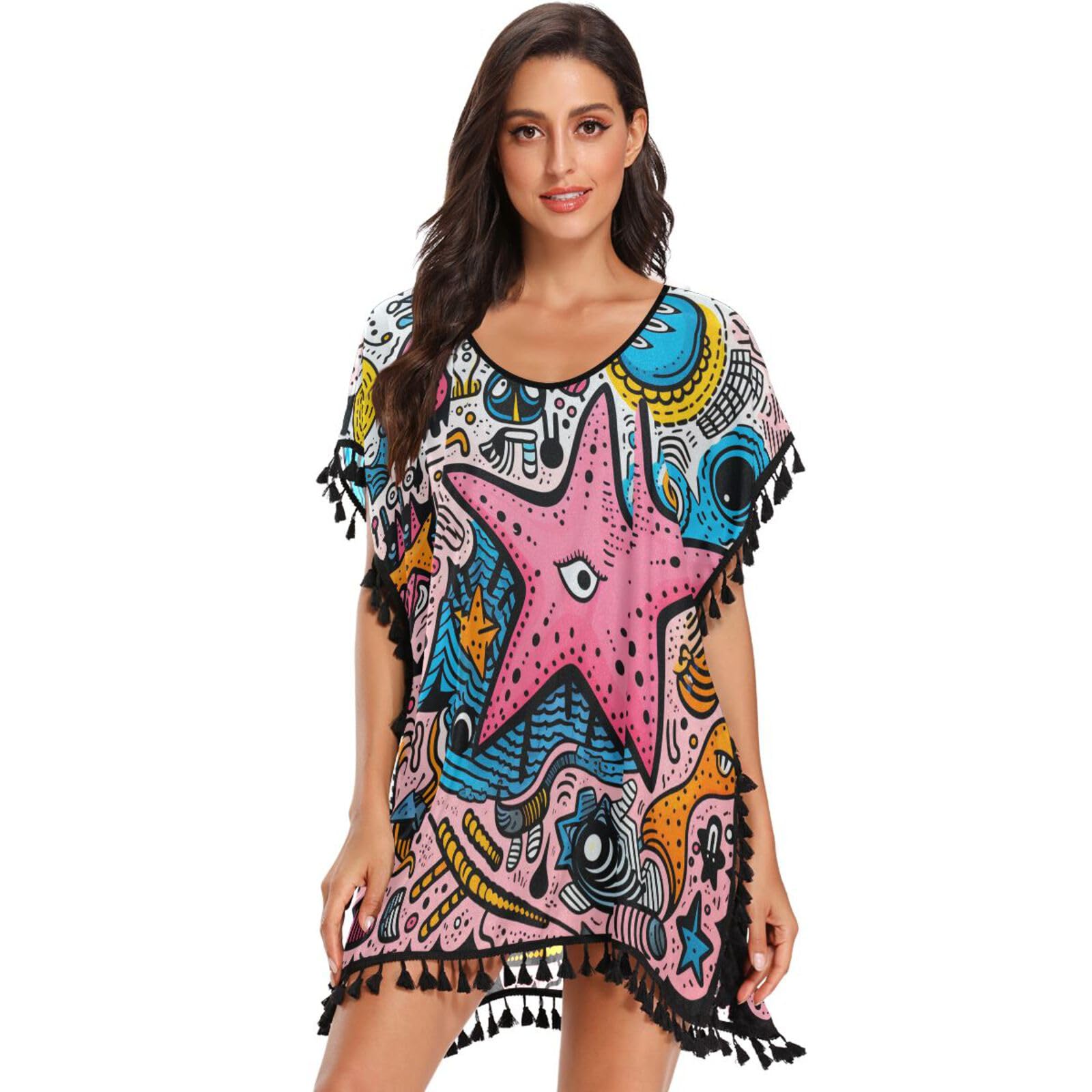 KAAVIYO Majestic Pink Starfish .Platypuses Women's Beach Cover Up Chiffon Tassel Swimwear Swimsuit Coverups for Girl