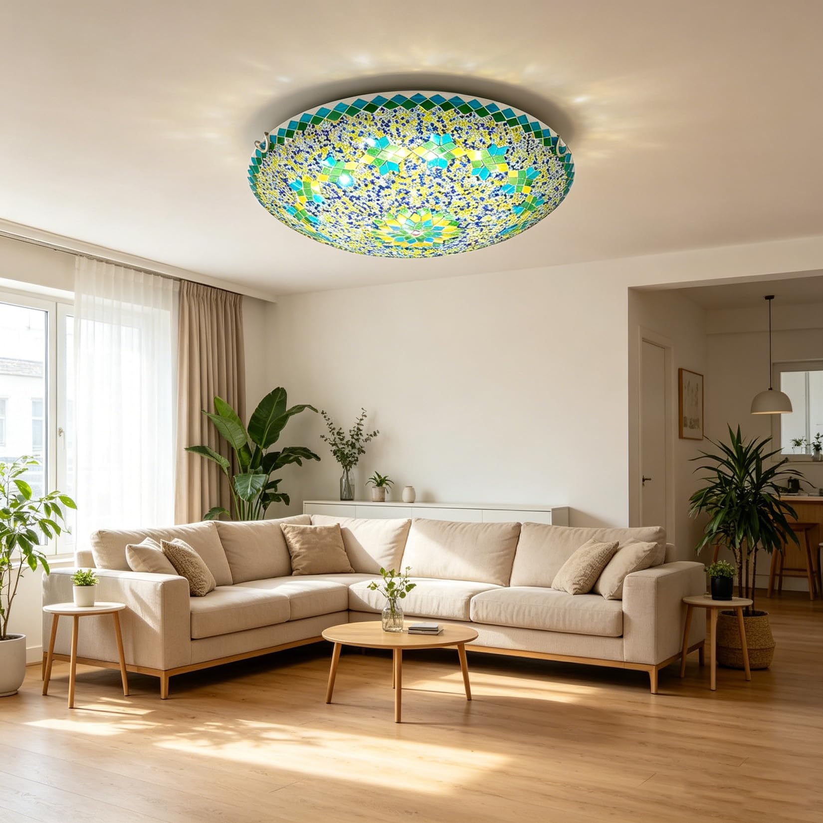 Yjmgrowing Tiffany Style Ceiling Lamp Turkish Mosaic Flush Mount Ceiling Light Handmade Moroccan Green Glass Ceiling Light Fixture for Bedroom Hallway Entryway Dining Room, E26/E27,20inch