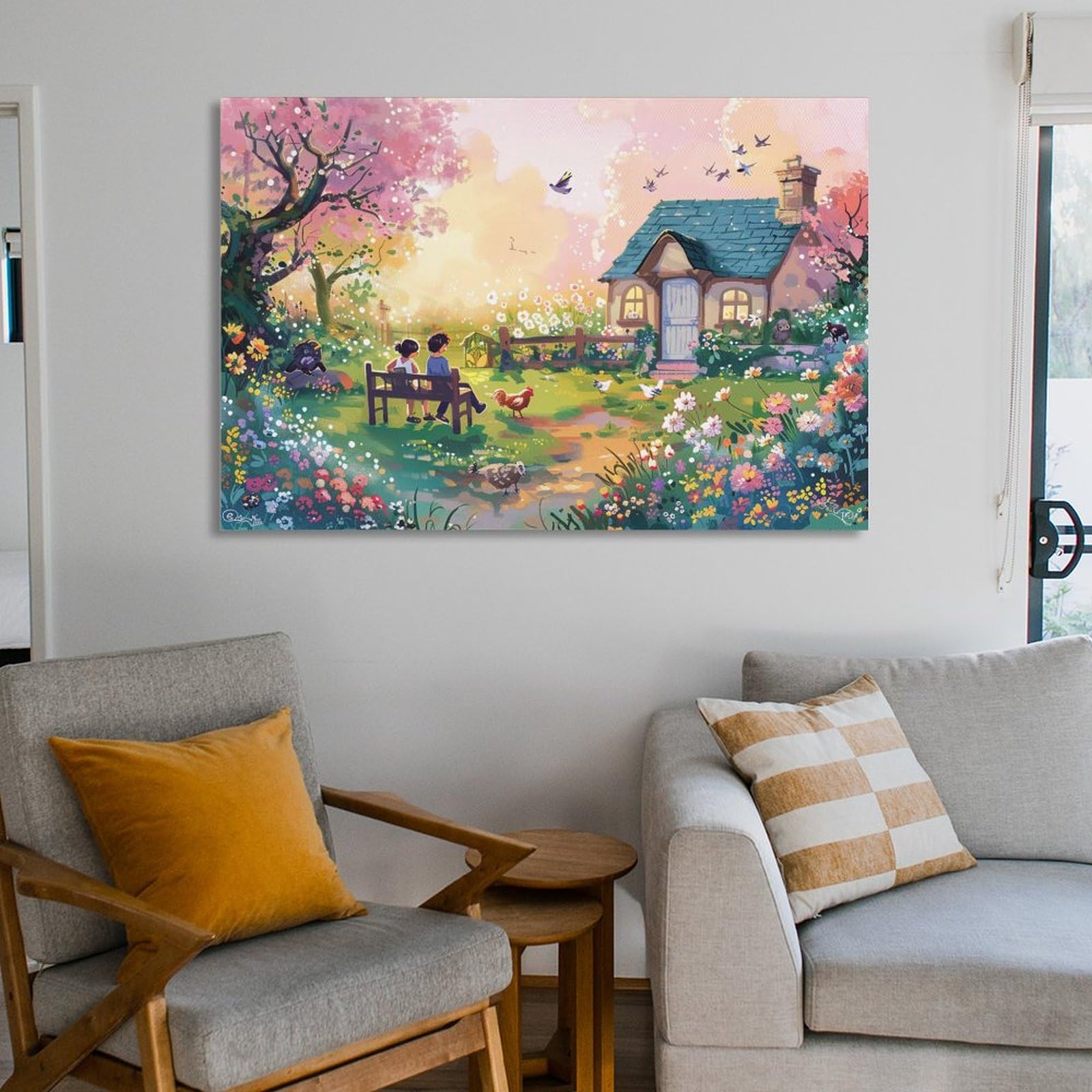 Amazon.co.jp: 絵画 庭には花が咲き、二人は安定した生活を送っていた