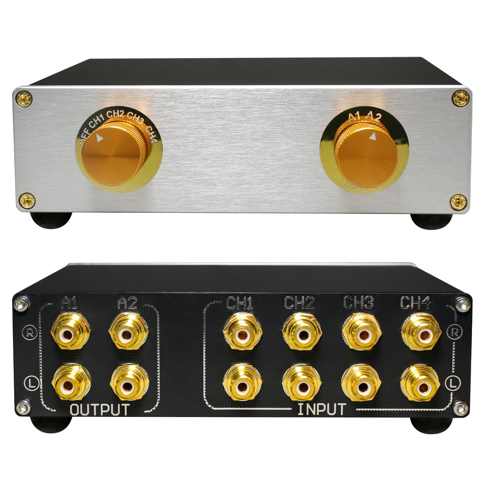 RCA Audio Switch Box 4 in 2 out con selettore di uscita - Interruttore stereo passivo A/B, controllo indipendente dell'uscita a 2 vie, connettori RCA placcati oro e guscio in alluminio per sistema