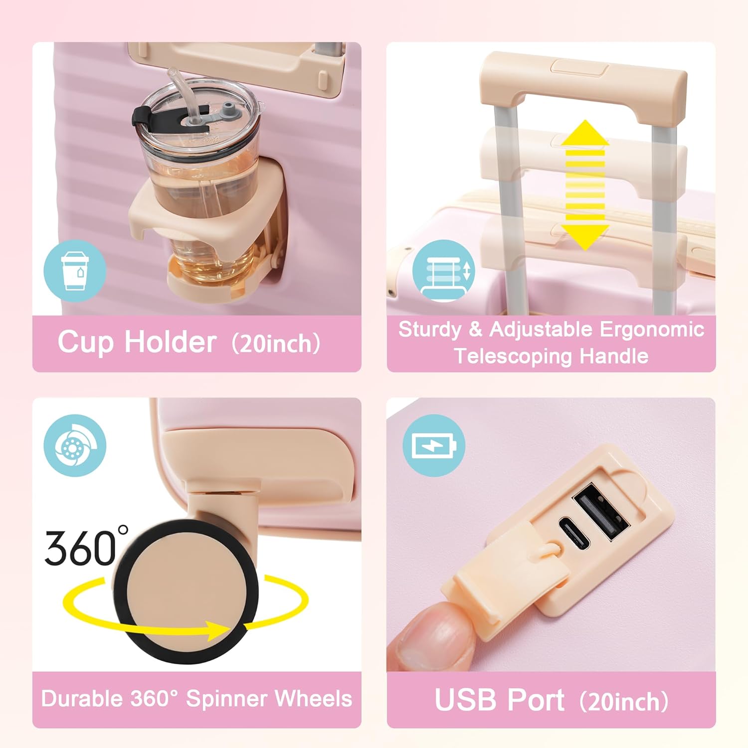 Merax Luggage Sets 5 Piece,Front Open Hardshell Expandable Suitcase with Spinner Wheels and Duffel Bags,Lightweight Carry on Luggage with USB Port and Cup Holder,20/24/28IN,Pink