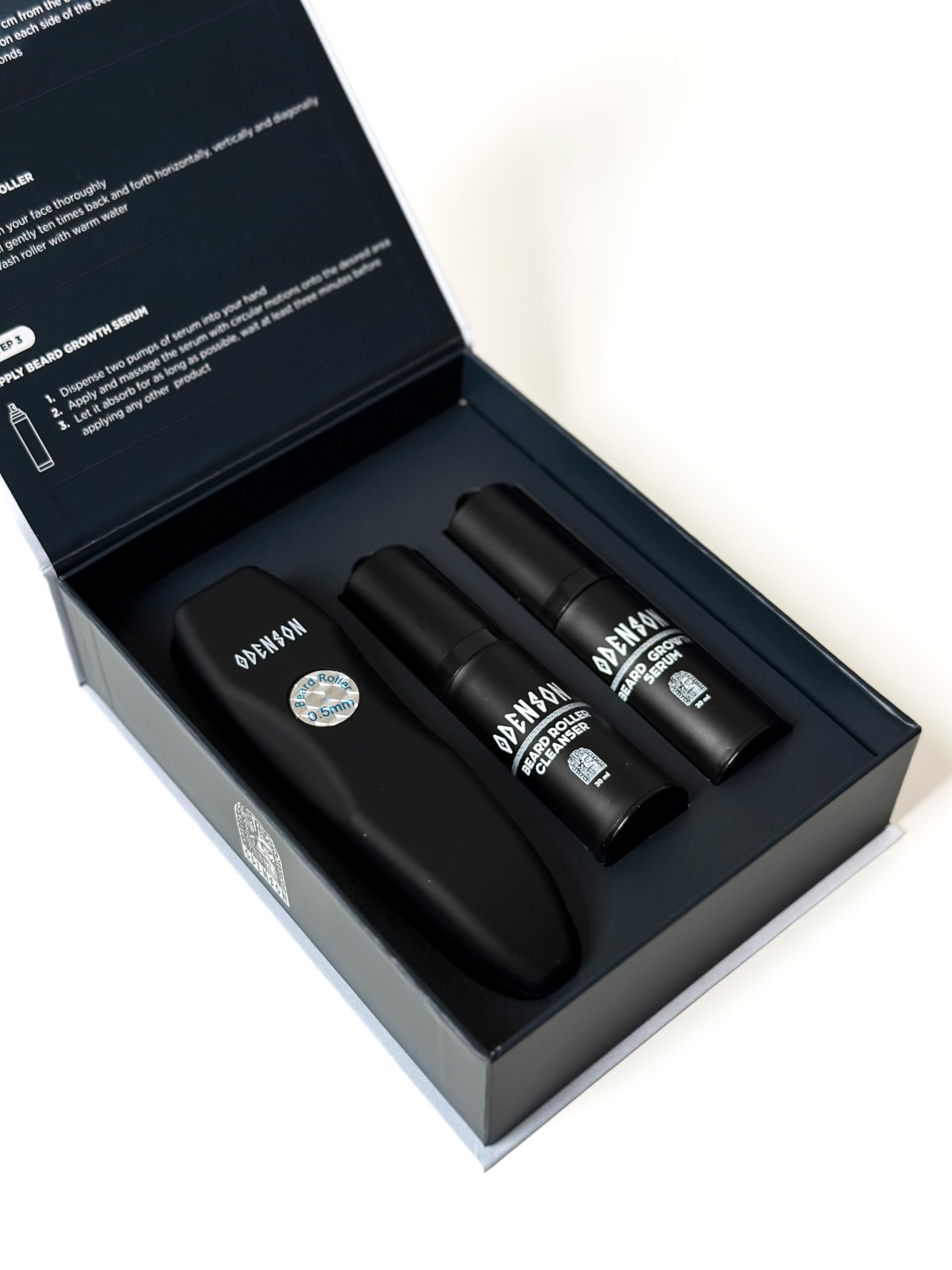 Odenson Zestaw na Porost Brody- Serum na Porost Brody dla Gęstszej i Grubszej Brody - Derma Roller do Wzrostu Włosów na Twarzy dla Mężczyzn - Spray do Czyszczenia Derma Rollera