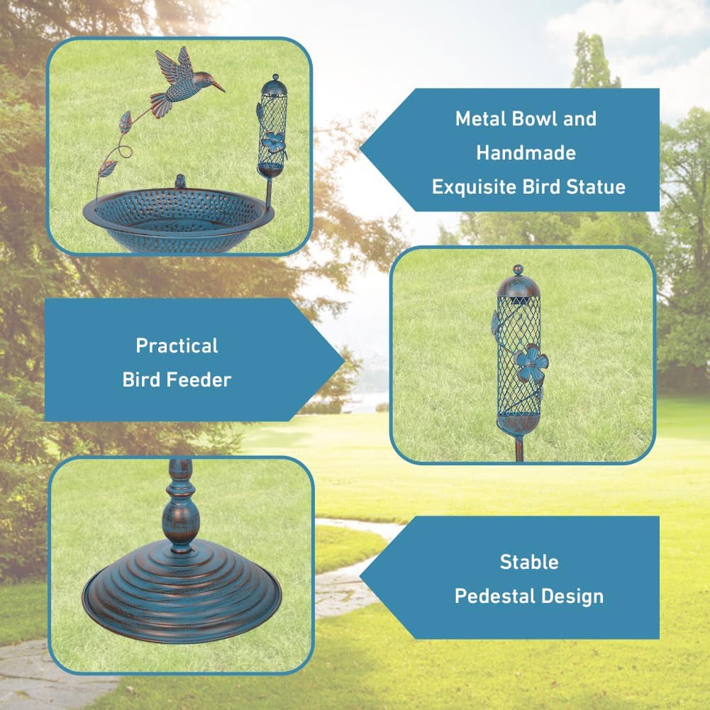 40″ Tall Pedestal Bird Baths for Outdoors, Metal Bird Bath and Feeder Combo with Bird Statue