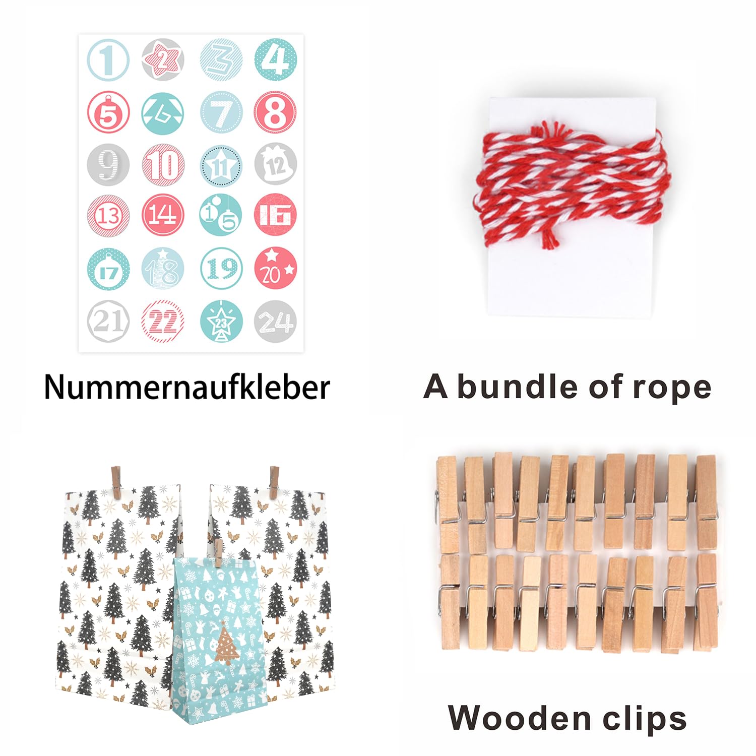 Calendrier De L'Avent à Remplir - 24 Sacs Cadeaux En Papier - Autocollants Numéros - Idée Cadeau De Noël DIY