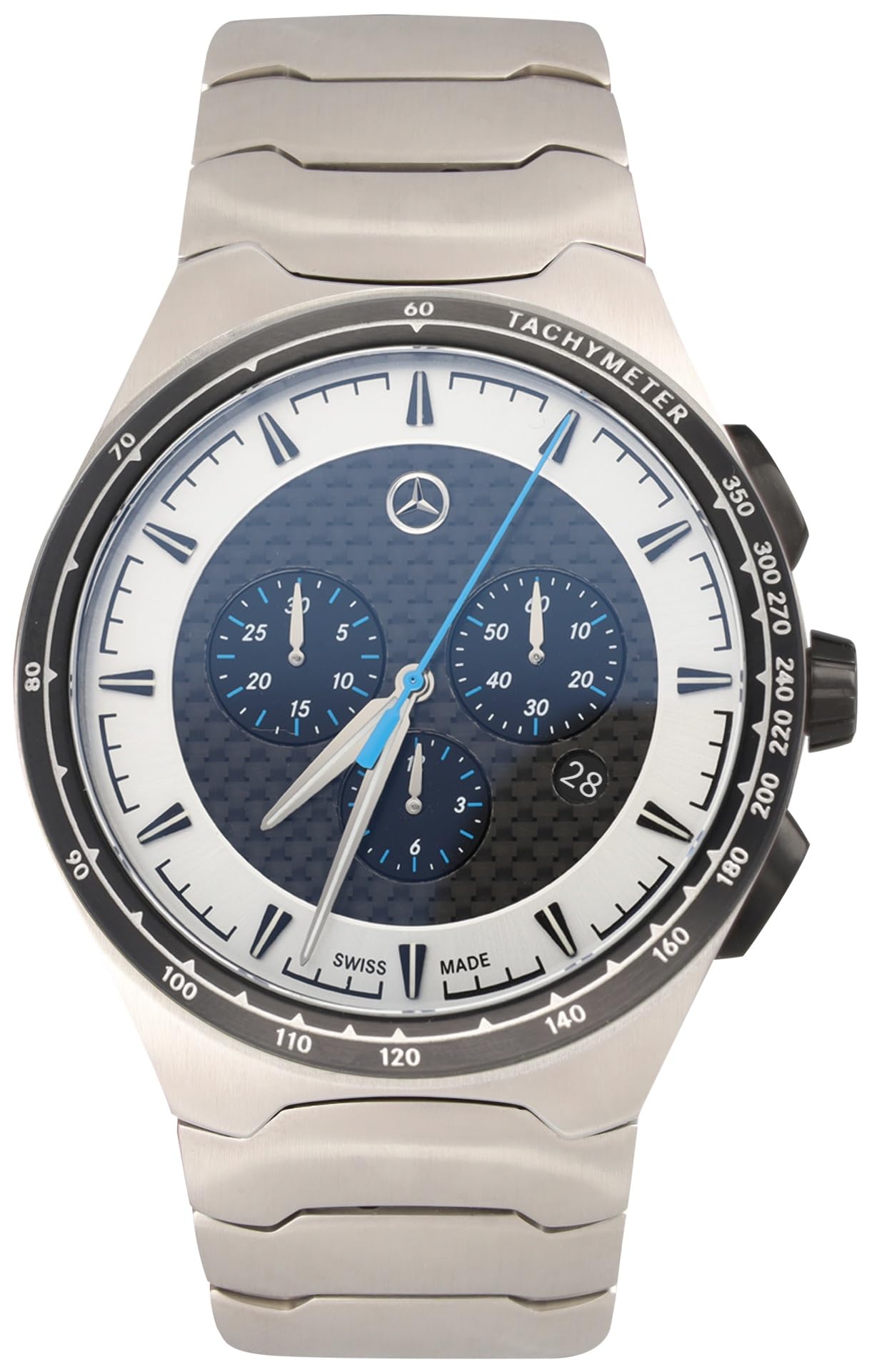 Mercedes-Benz Herren Chronograph, Motorsports Collection, Edelstahl/Carbon, Schweizer Quarzwerk, Wasserdicht 10 ATM, 44mm, Silber/Schwarz/Blau