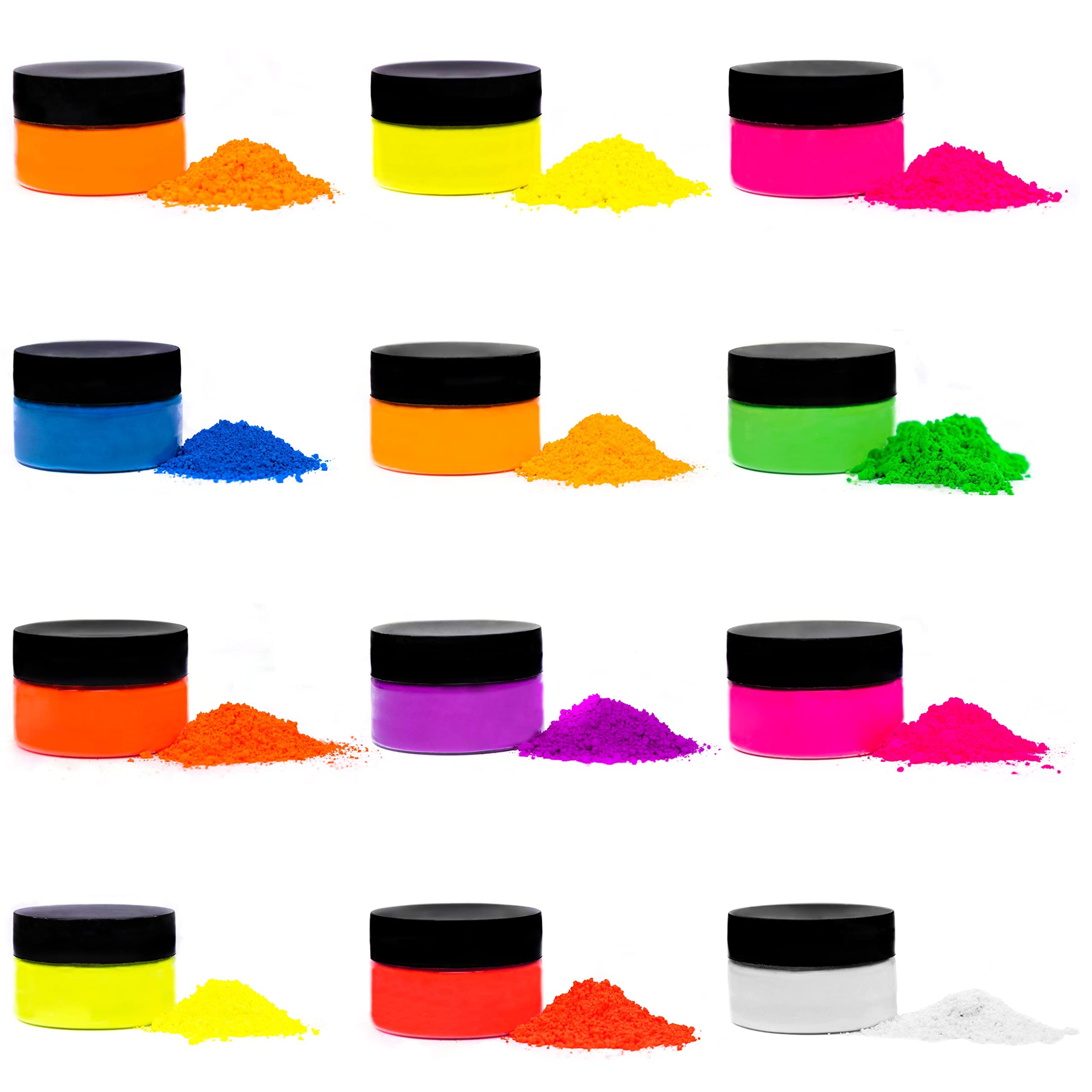 Rolio - Fluorescent Neon Powder - 12 Jars of Pigment for Paint, Dye, Soap Making, Nail Polish, Epoxy Resin, Candle Making, Bath Bombs, Slime (10g)