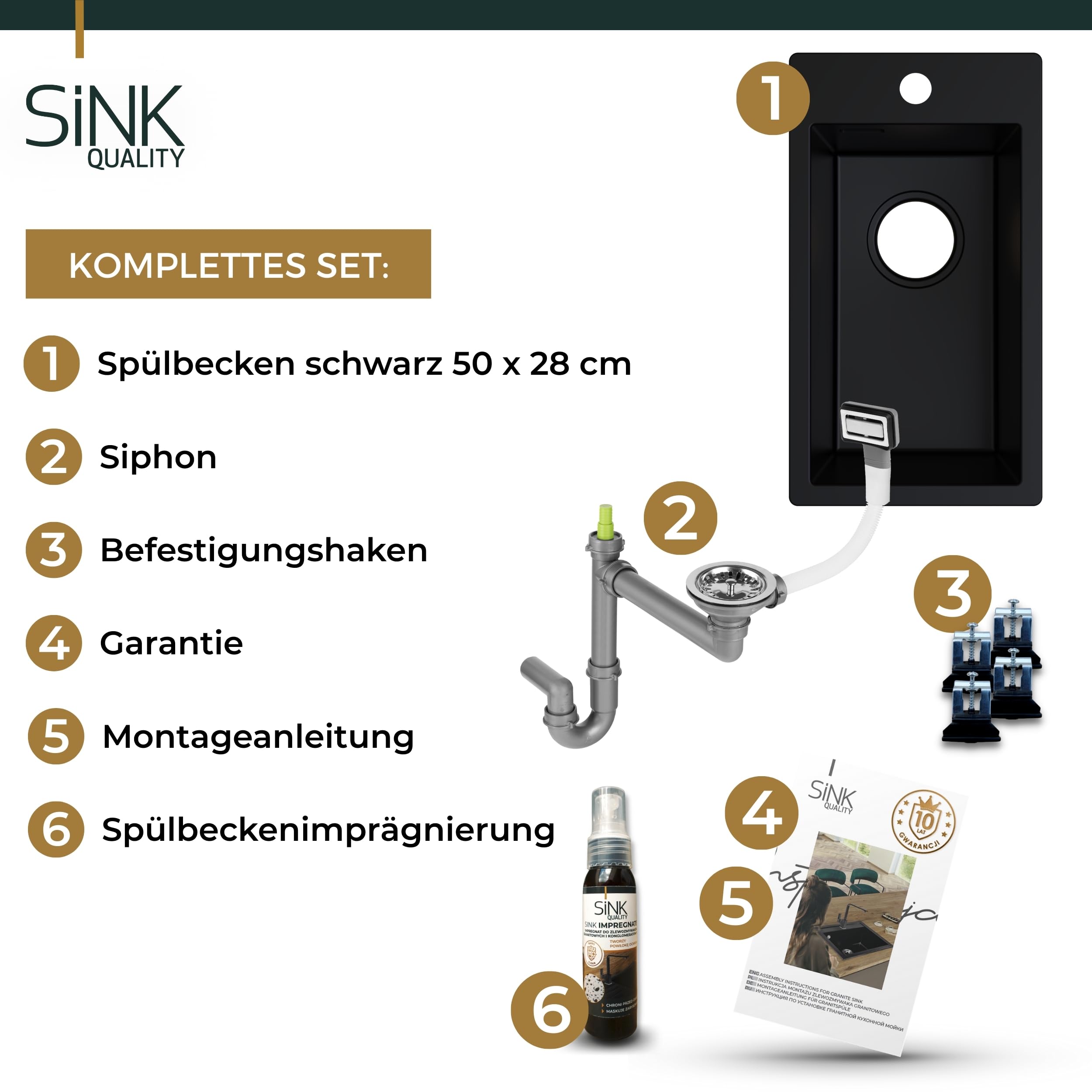 Sink Quality zlewozmywak kuchenny, mały, czarny, 28 x 50 cm, wąski, z syfonem i środkiem impregnującym, mały zlewozmywak granitowy do szafek od 40 cm, zlewozmywak do zabudowy z granitu