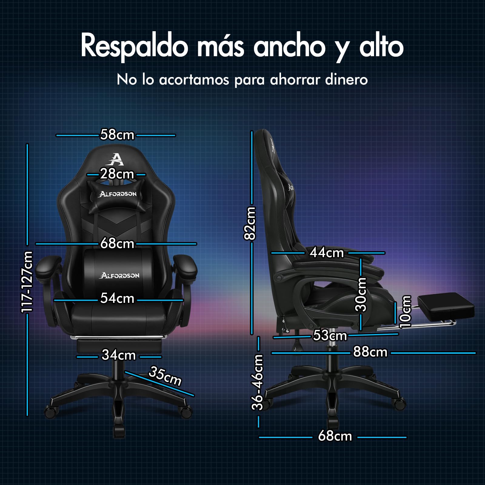 ALFORDSON Silla Gaming con Masaje y LED, Silla Gamer Ergonómica con Cojín Lumbar y Cervical, Reposapiés Telescópico, Iluminación para Juegos, Oficina, Ordenador, Videojuego, Cuero PU(Negra)