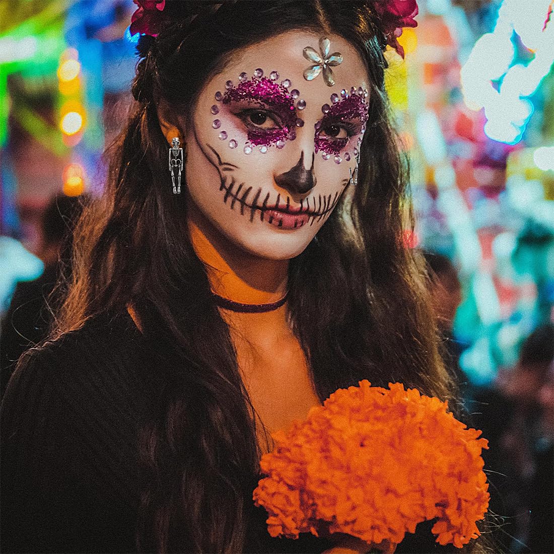 JEYORZY 1 par de pendientes de Halloween esqueleto para hombre, pendientes góticos punk, pendientes de calavera largos, pendientes de calavera para hombre y mujer