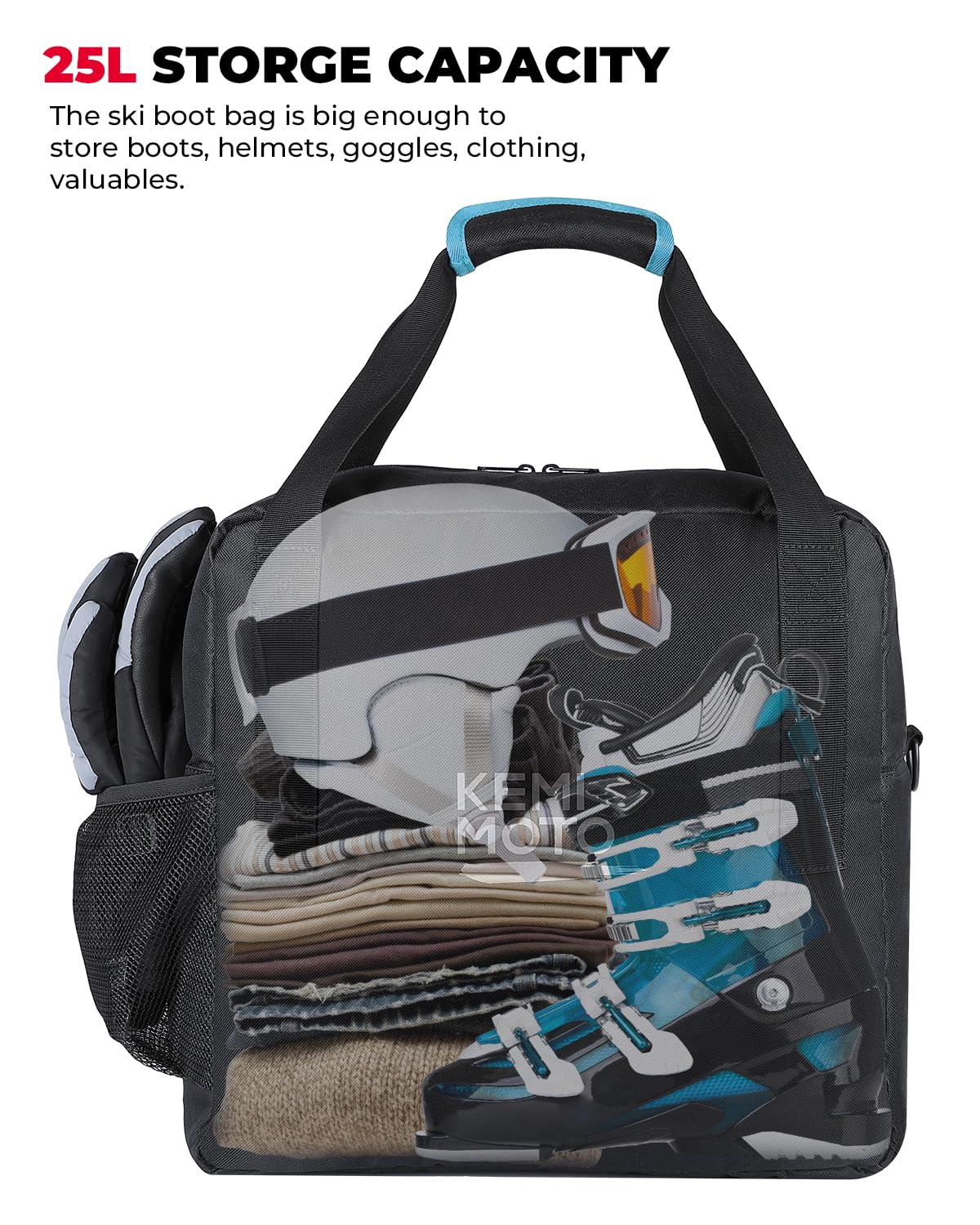 KEMIMOTO Skitasche und Skischuhtasche Combo, Stiefeltasche für Ski bis 200cm, 25L Skischuhtasche für Skiausrüstung, wasserdichte Skisack mit Lüftungsgitter, Robuste Skibag für Skifahren