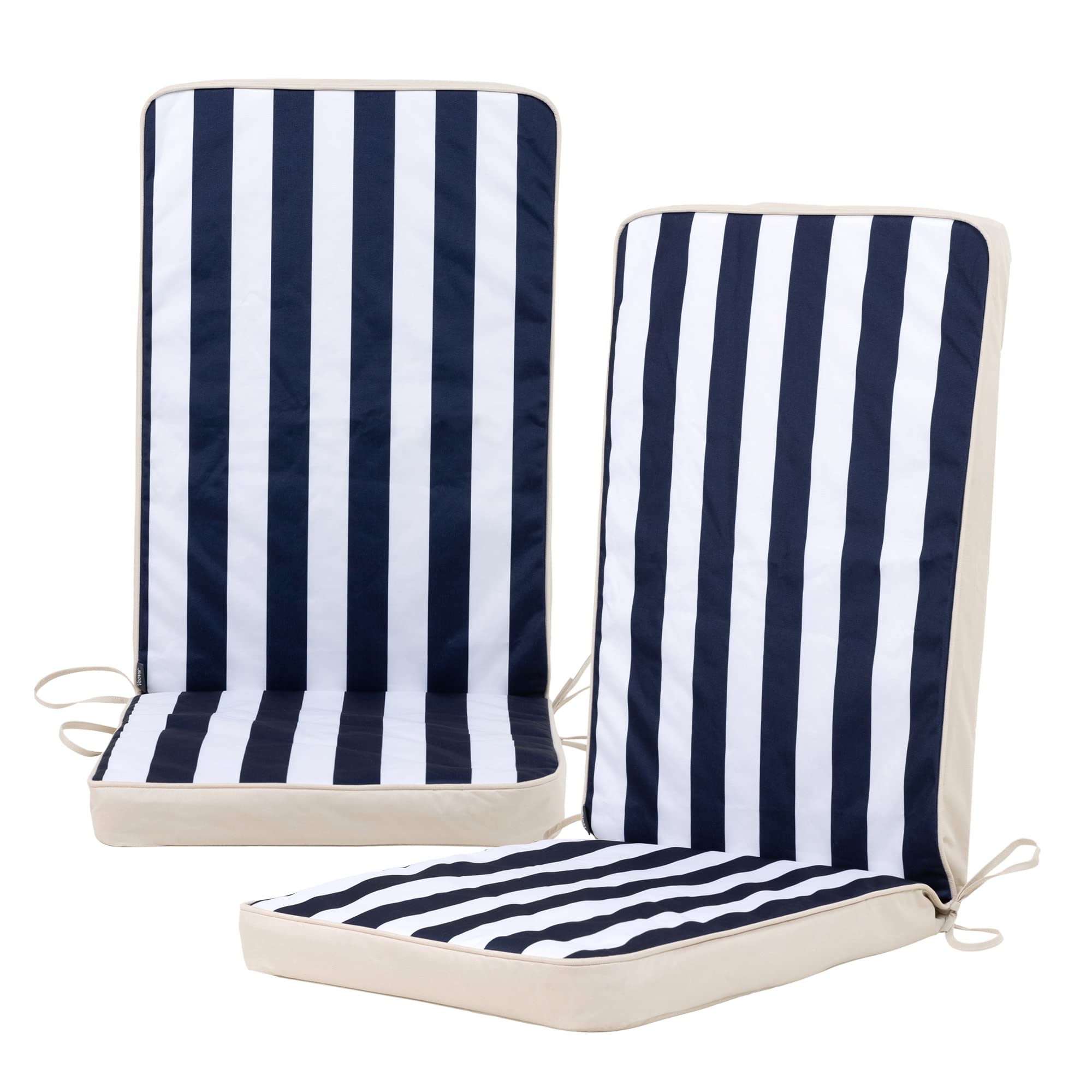 Veeva icon Outdoor High Back Seat Pad, Navy Deck Stripe, Set of 2, Garden Chair Seat Cushion with Fibre Fill Included, Water-Resistant, Cushions with ties for Chair, Garden, Patio Furniture