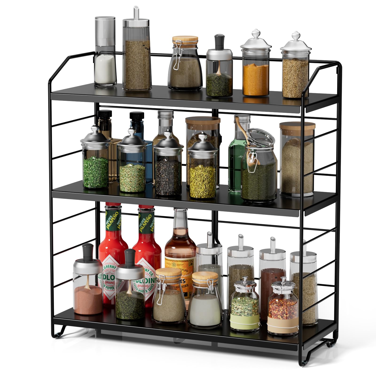 Estante de especias de 3 niveles, organizador de especias independiente, estante de especias de altura ajustable, estante de almacenamiento de condimentos de metal para encimera de cocina