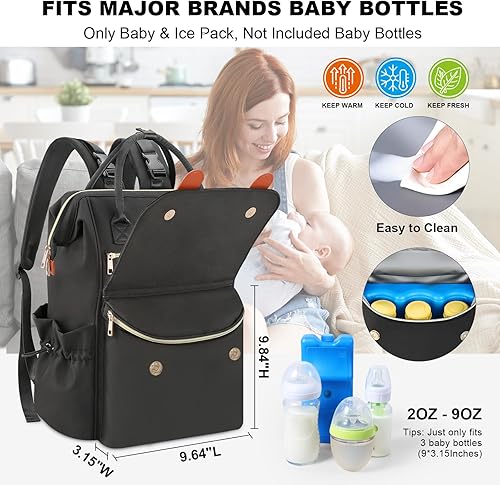 Miniatura 3 de PIIOSER Mochila para pañales con bolsa de hielo, Negro -, Grande, Bolsa de pañales MochilaBolsa de Bump Enfriador de leche maternaBolsa de pañales