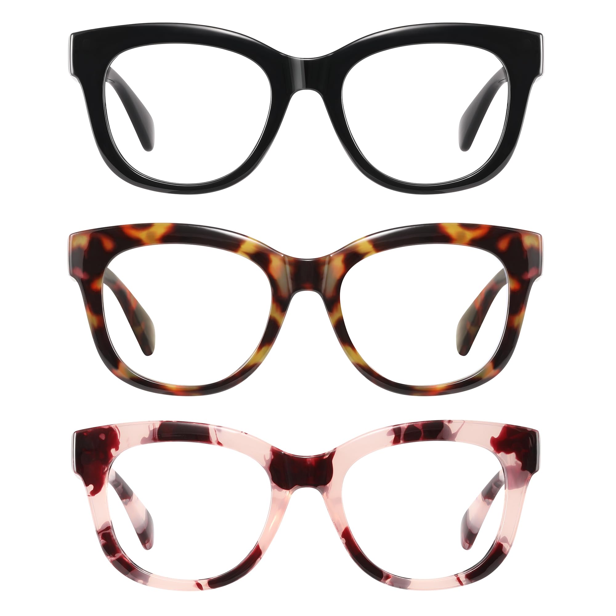 Reglaaly Blue Light Glasses for Woman - 3 Pack Round Retro Frame Fake Glasses, Circle Computer Gaming Glass, Black+Leopard+Pink Leopard