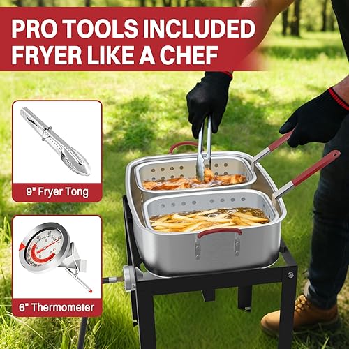 Miniatura 5 de Freidora de propano para exteriores de 18 cuartos Incluye 2 cestas Tapa Pinza para freidora de 9 pulgadas Termómetro de 6 pulgadas Olla