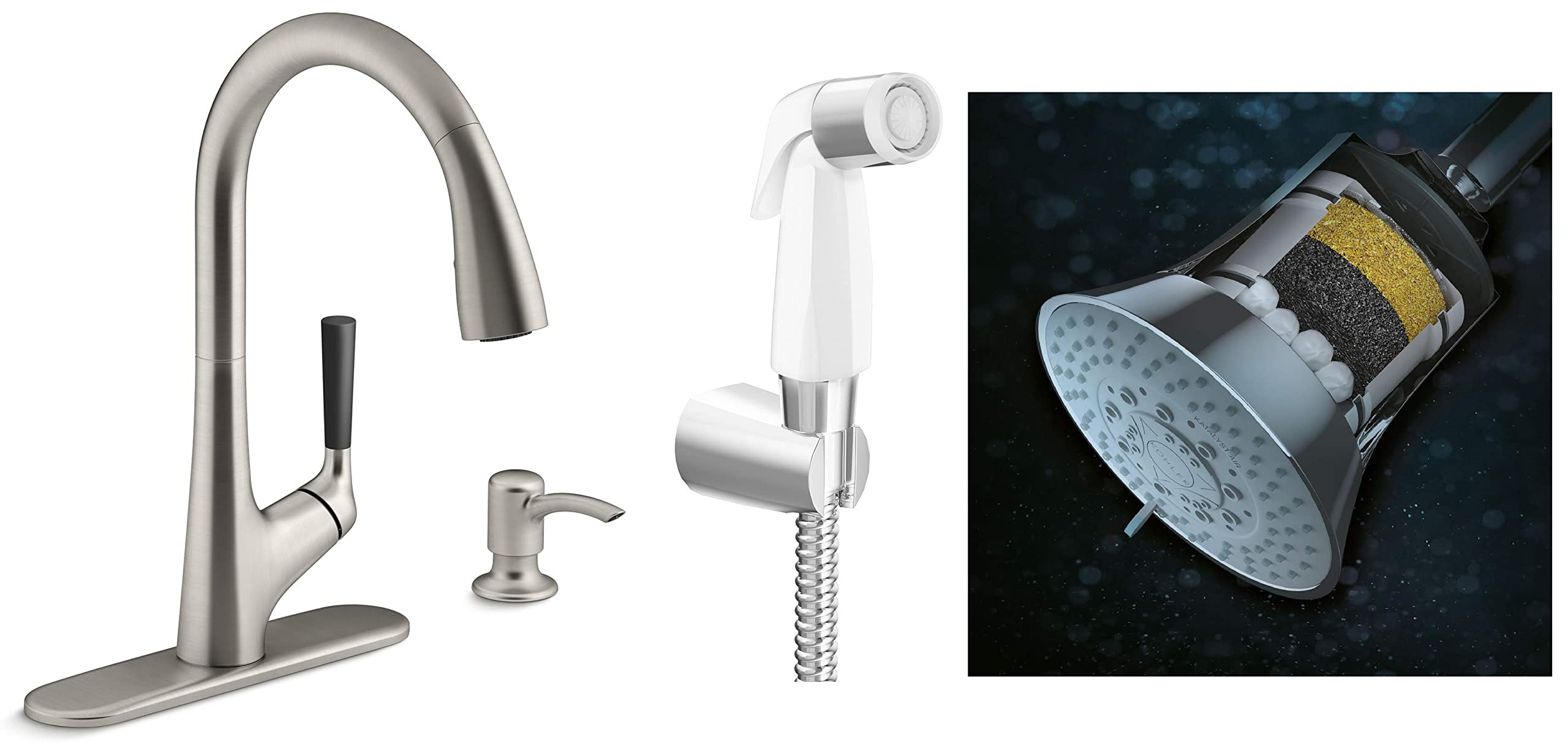 Kohler562IN-SD-VS Metal 360° Pull-Down Sprayer Kitchen Faucet & Rain Duet Filter Shower Head - 5-Spray Multifunction Overhead Shower- 109 mm & - 12925IN-CP Complementary Basic Health Faucet (White)