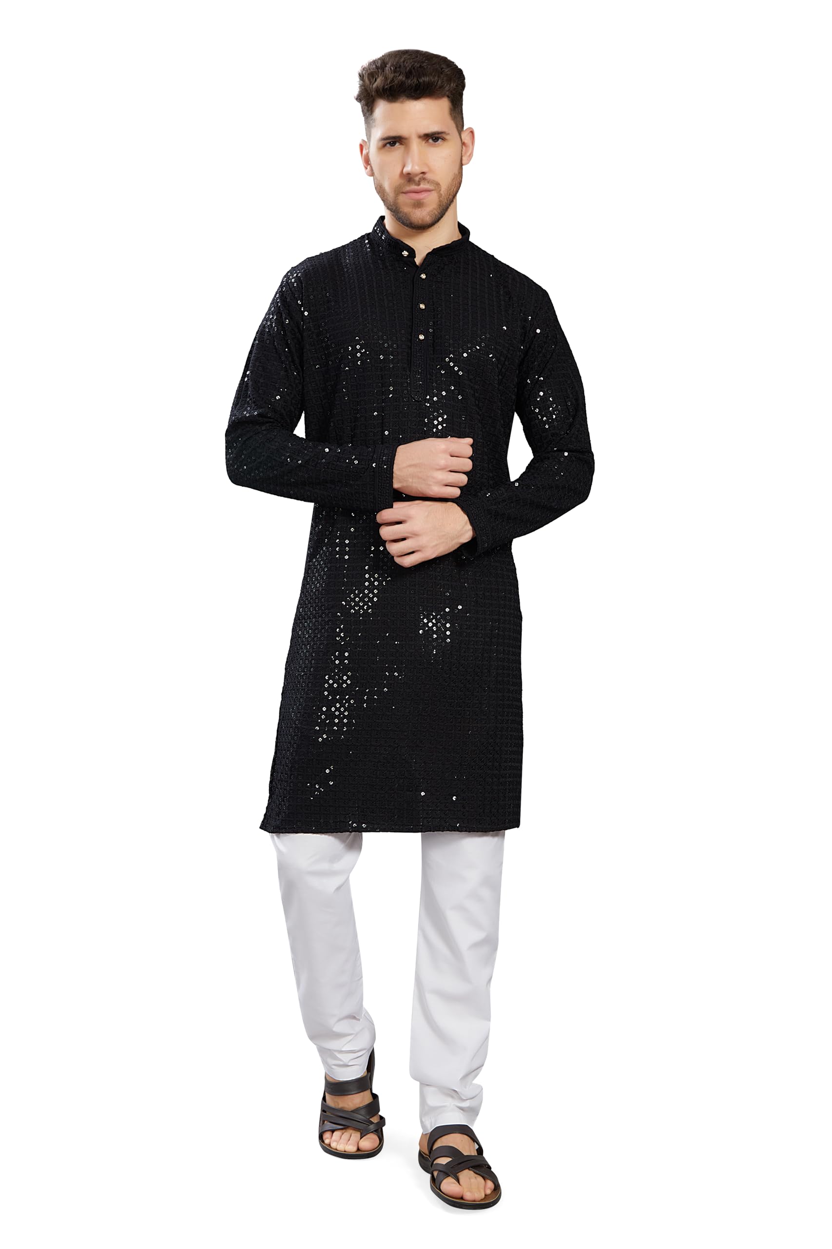 Divisive Men's Sequince Embroidered Cotton Blend Slim Fit Kurta Pyjama Set (Dkrt1005_Xl_Black)