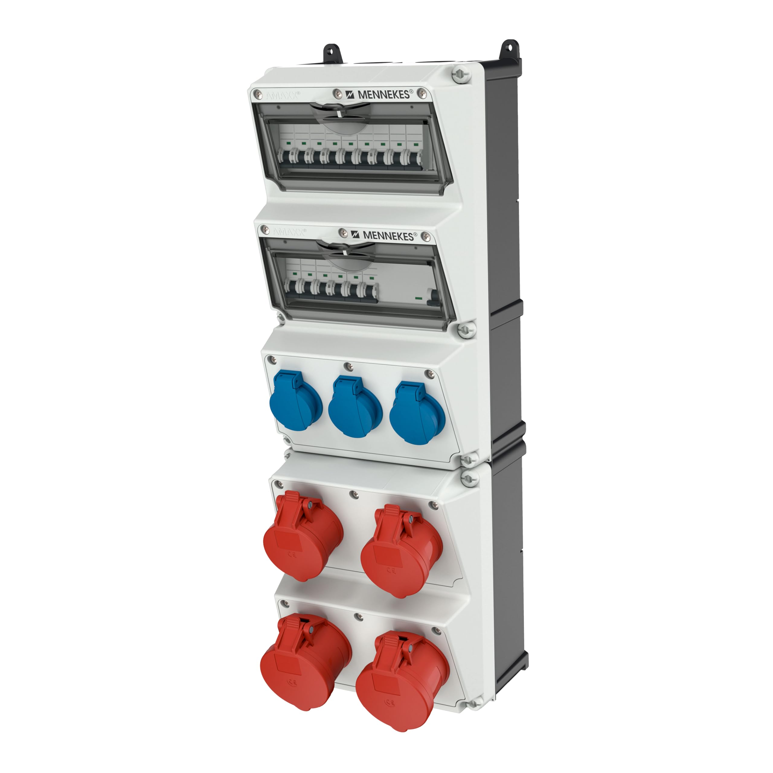 MENNEKES AMAXX Steckdosenkombination mit FI Typ A, 2x CEE 32 A und 2x CEE 16 A 5-polig 400 V, 3x SCHUKO, FI 63 A 4-polig 30 mA, LS 32 A, IP44, vorverdrahtet