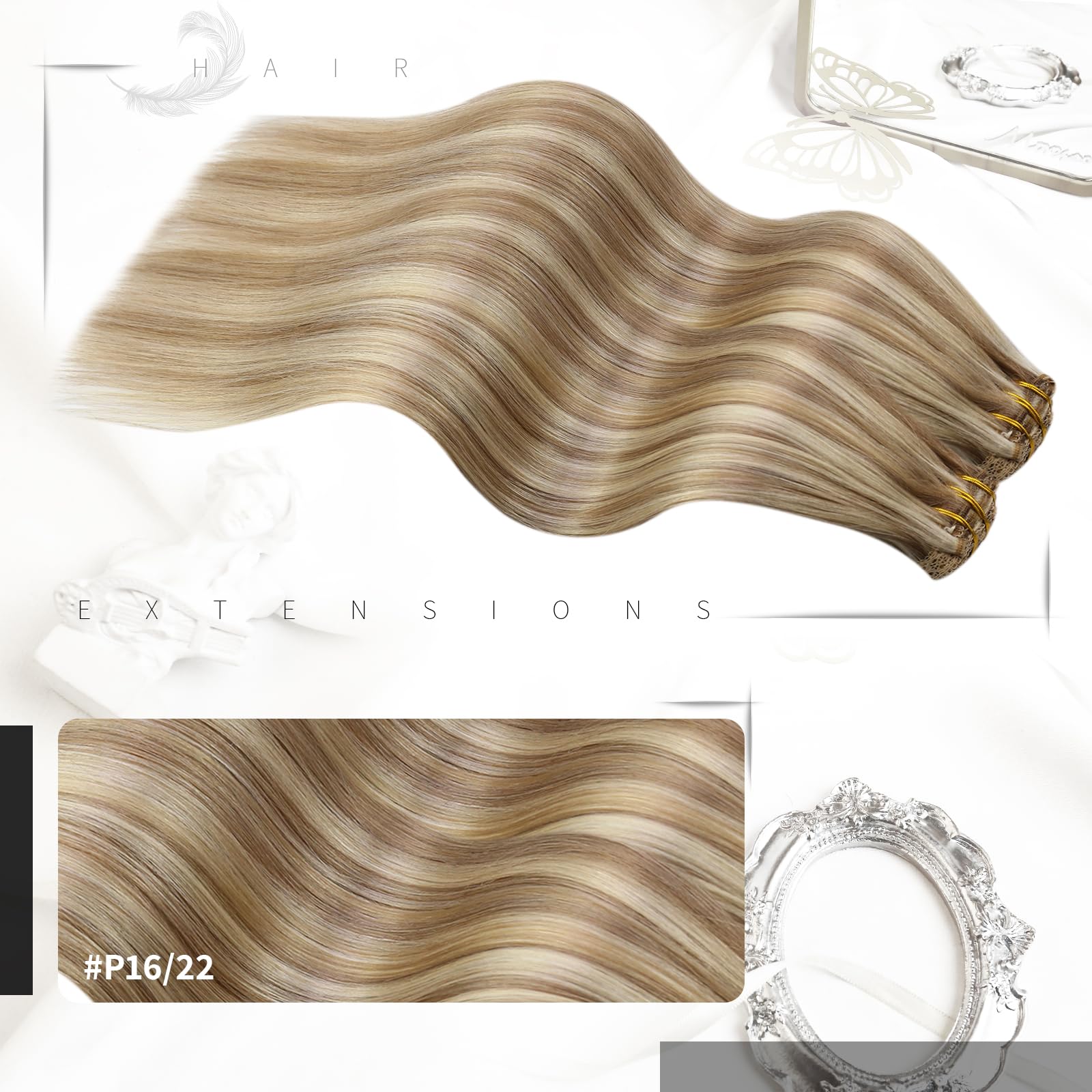 Moresoo Clip in Hair Extensions Real Human Hair Full Head Clip in Hair Extensions Honey Blonde Highlight with Medium Blonde Remy Hair Long 24 Inch 7 Pieces/120g #16/22 - Image 2