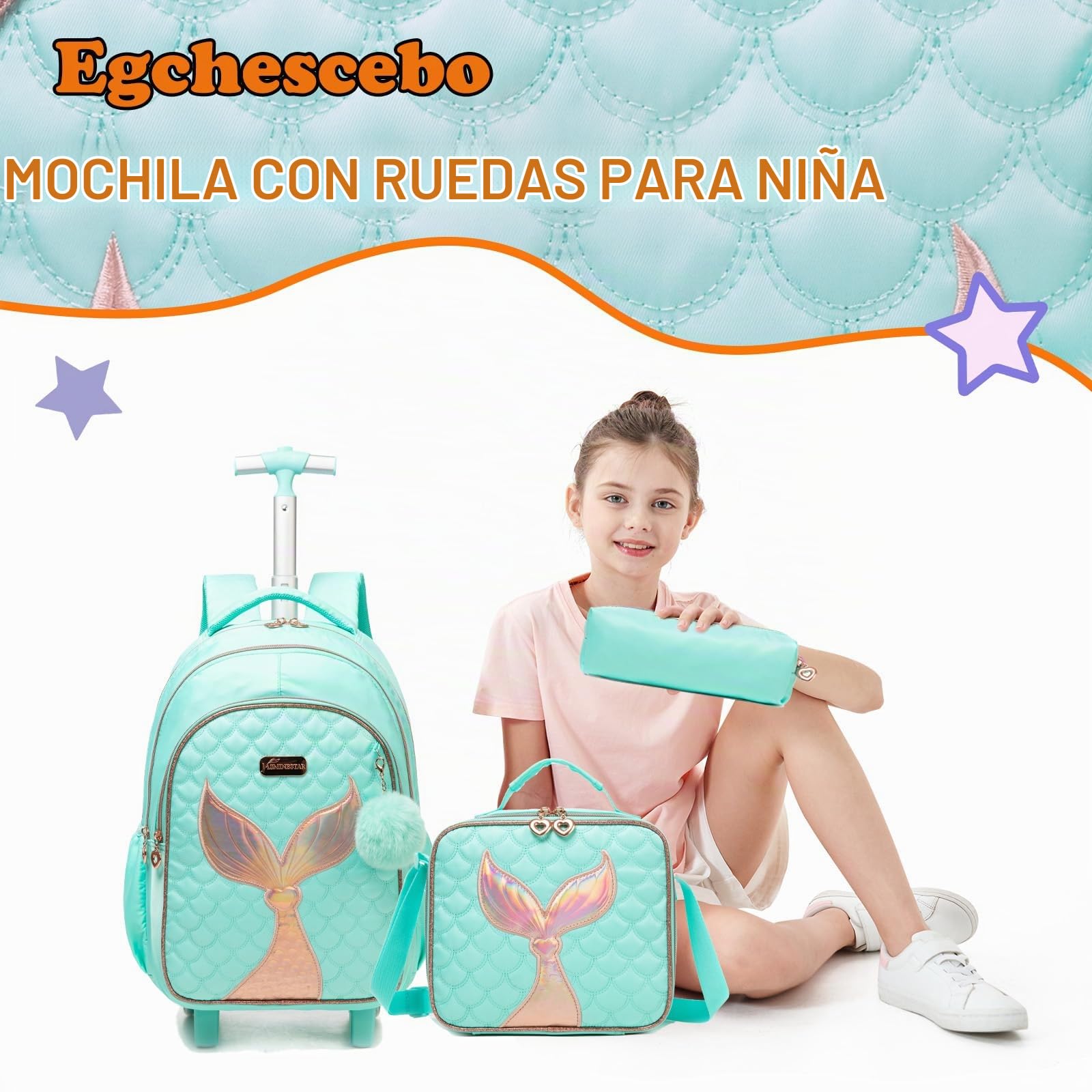 Mochilas Escolares con Sirena Ruedas Carro Niña 17" 3PCS Mochila Carrito para Trolley Escolar Bolso de Viaje Estuche Stitch Mujer Maleta Colegio Grande Medianas Infantil Niñas Azul Cielo